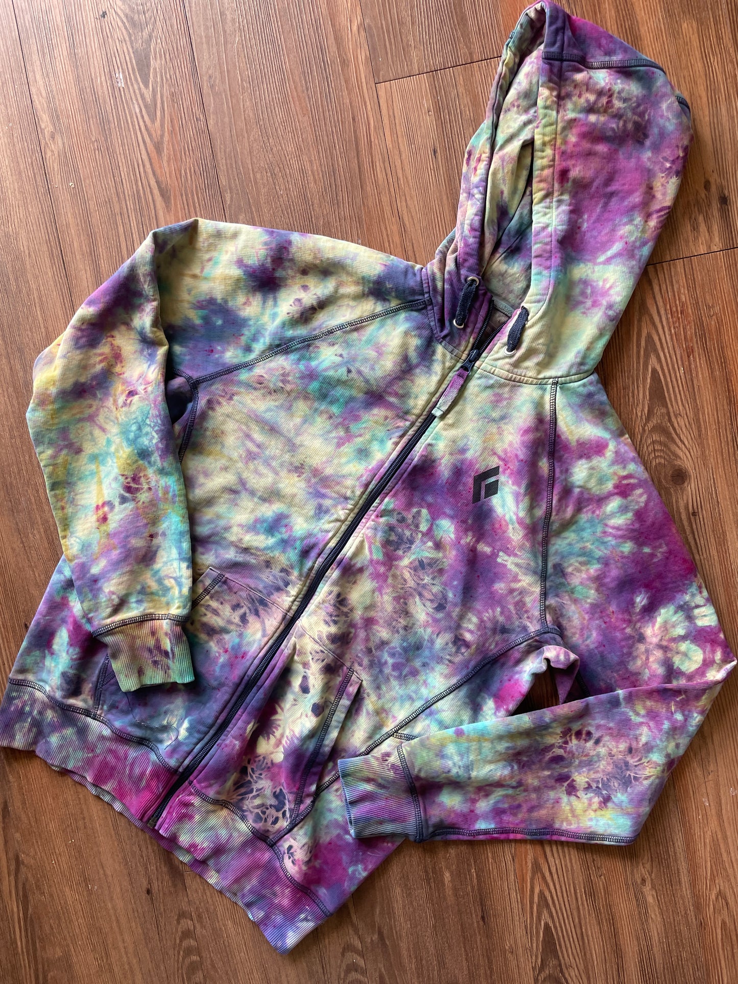 MEDIUM Men’s Black Diamond Chalked Up Handmade Tie Dye Hoodie | One-Of-a-Kind Pastel Purple and Blue Long Sleeve Sweatshirt