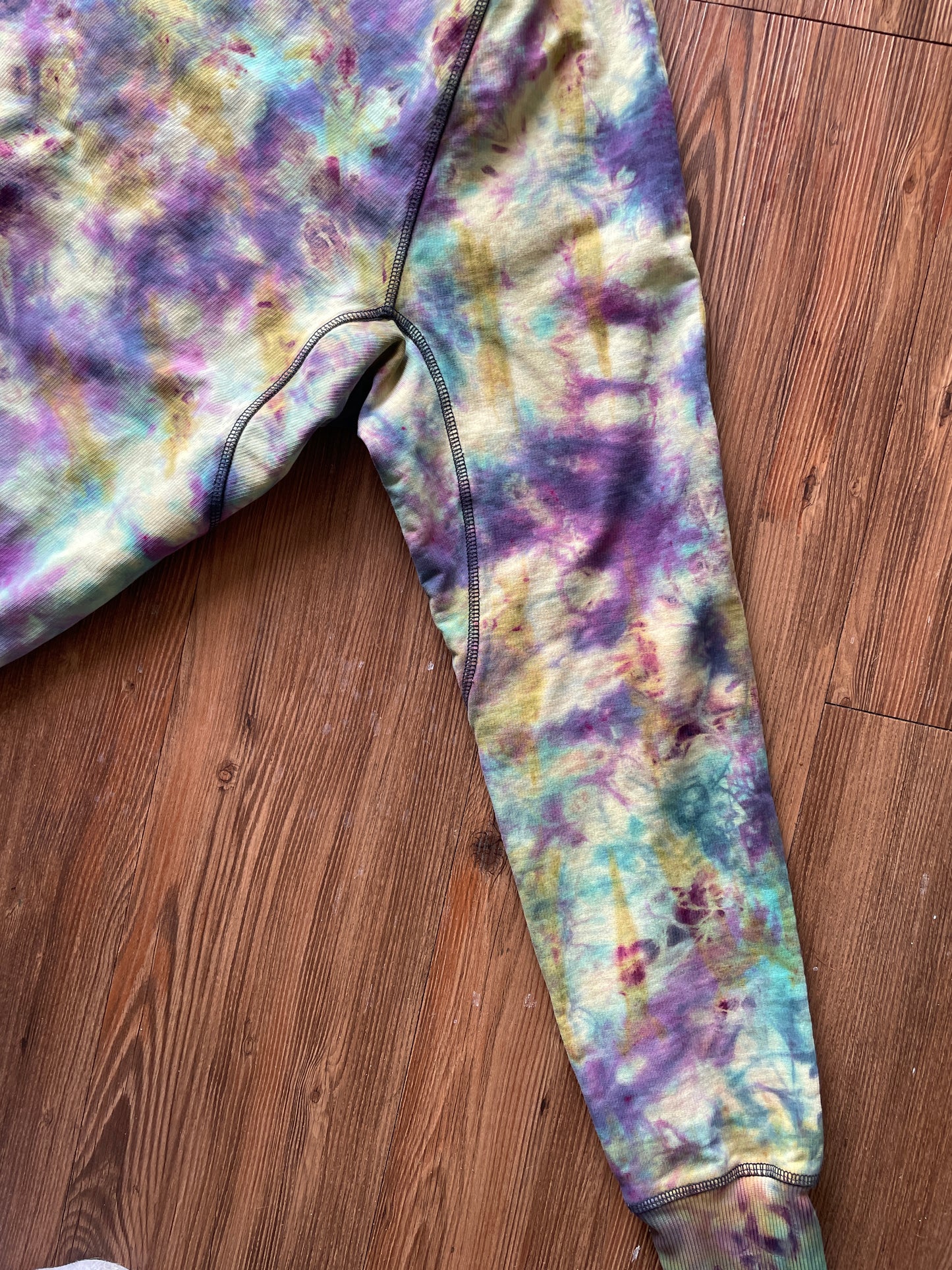 MEDIUM Men’s Black Diamond Chalked Up Handmade Tie Dye Hoodie | One-Of-a-Kind Pastel Purple and Blue Long Sleeve Sweatshirt