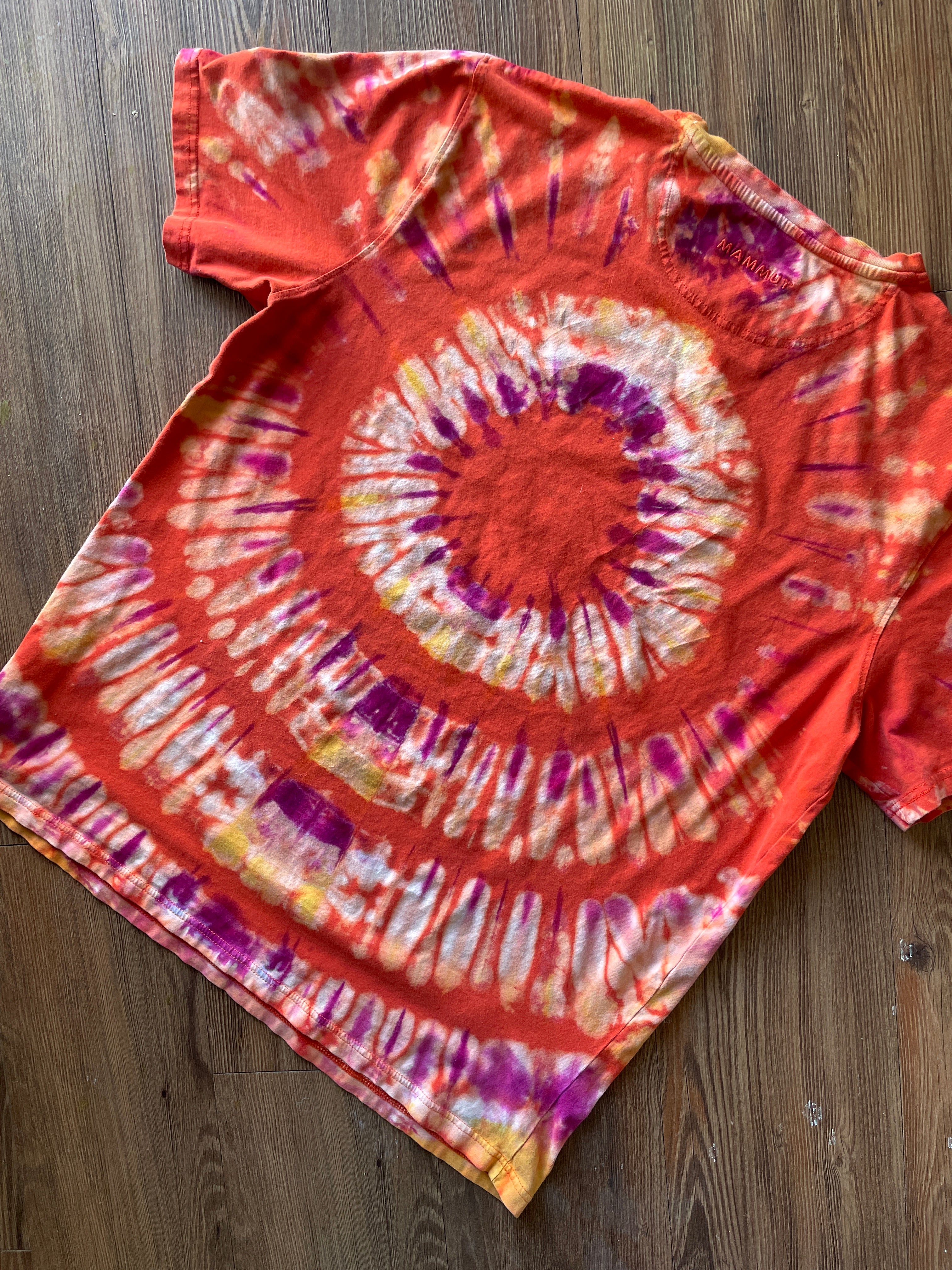XL Men’s Mammut Handmade Tie Dye T-Shirt | One-Of-a-Kind Orange and Pink Pleated Short Sleeve