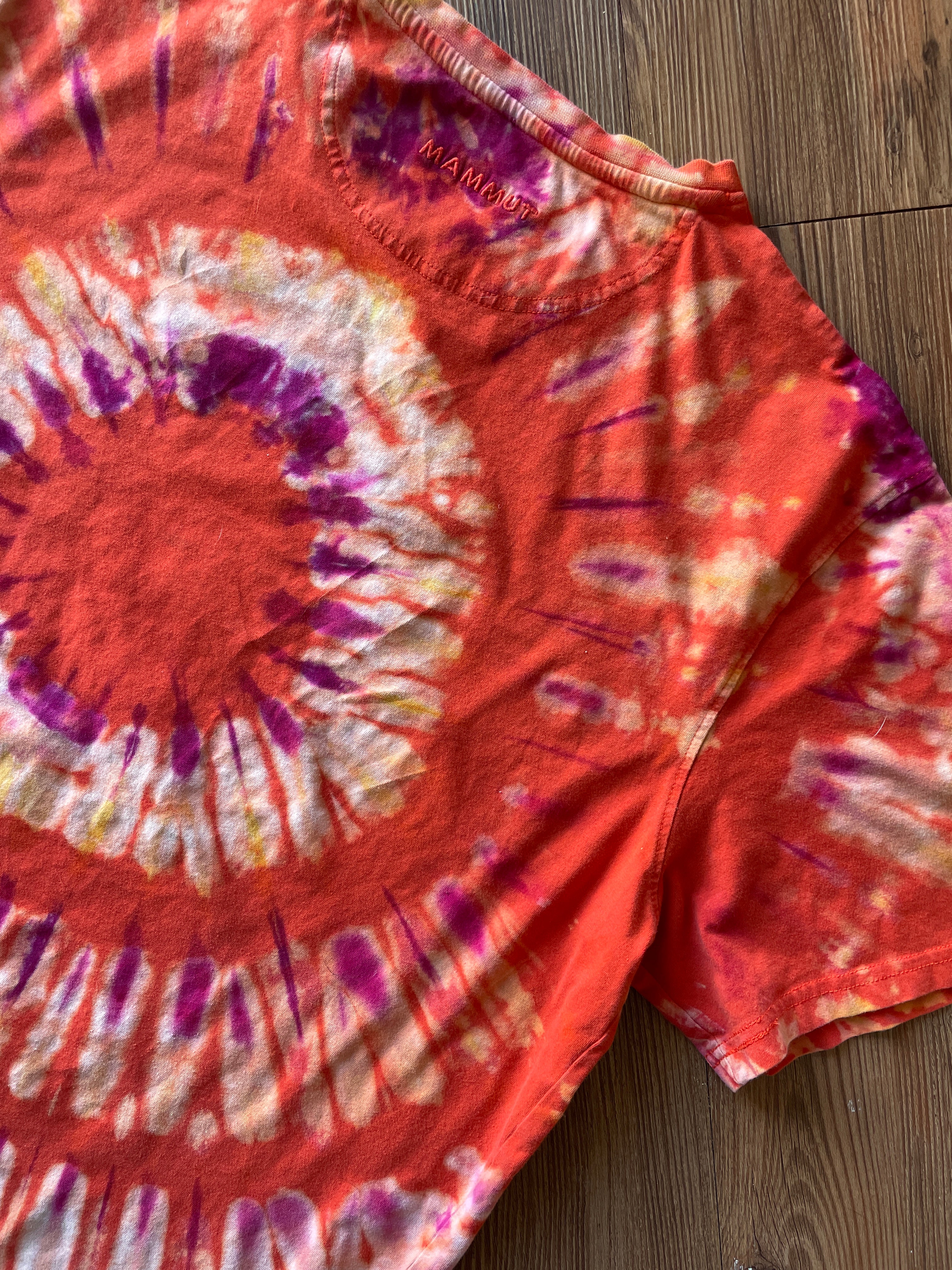 XL Men’s Mammut Handmade Tie Dye T-Shirt | One-Of-a-Kind Orange and Pink Pleated Short Sleeve