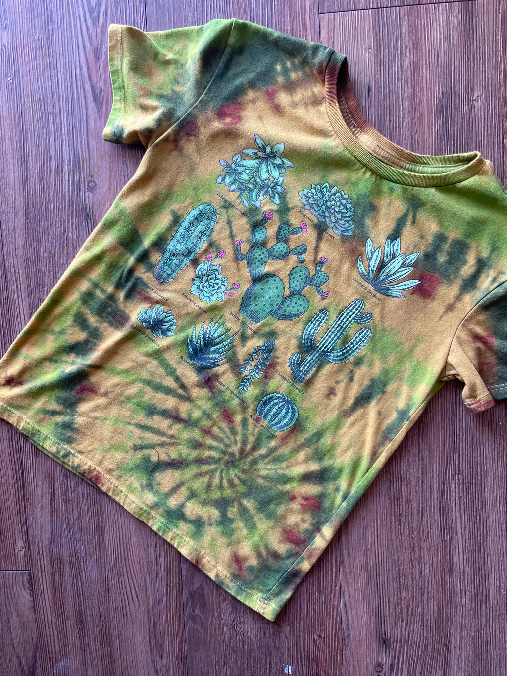 XS/S Women’s Cacti and Desert Plants Handmade Tie Dye T-Shirt | One-Of-a-Kind Yellow and Green Spiral Short Sleeve