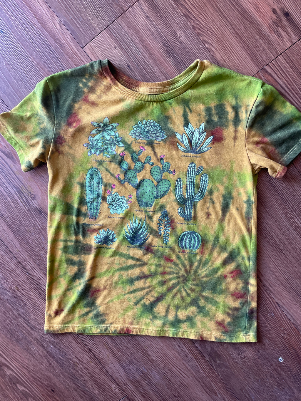 XS/S Women’s Cacti and Desert Plants Handmade Tie Dye T-Shirt | One-Of-a-Kind Yellow and Green Spiral Short Sleeve