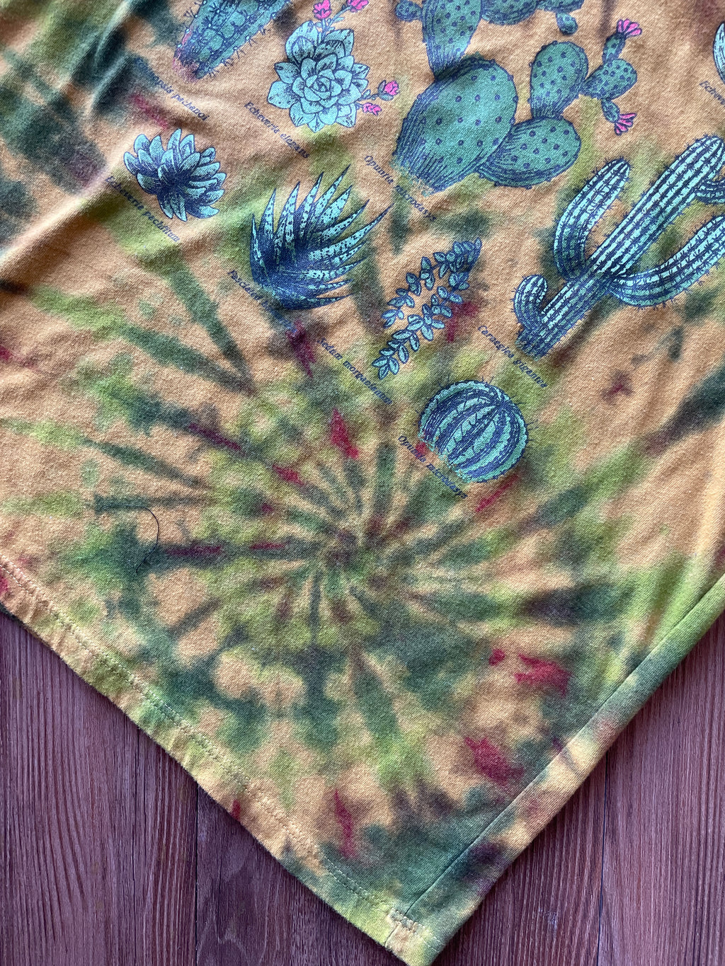 XS/S Women’s Cacti and Desert Plants Handmade Tie Dye T-Shirt | One-Of-a-Kind Yellow and Green Spiral Short Sleeve