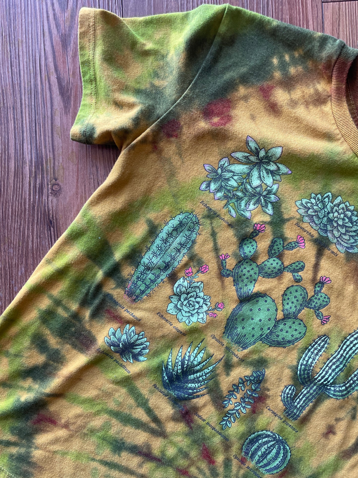 XS/S Women’s Cacti and Desert Plants Handmade Tie Dye T-Shirt | One-Of-a-Kind Yellow and Green Spiral Short Sleeve