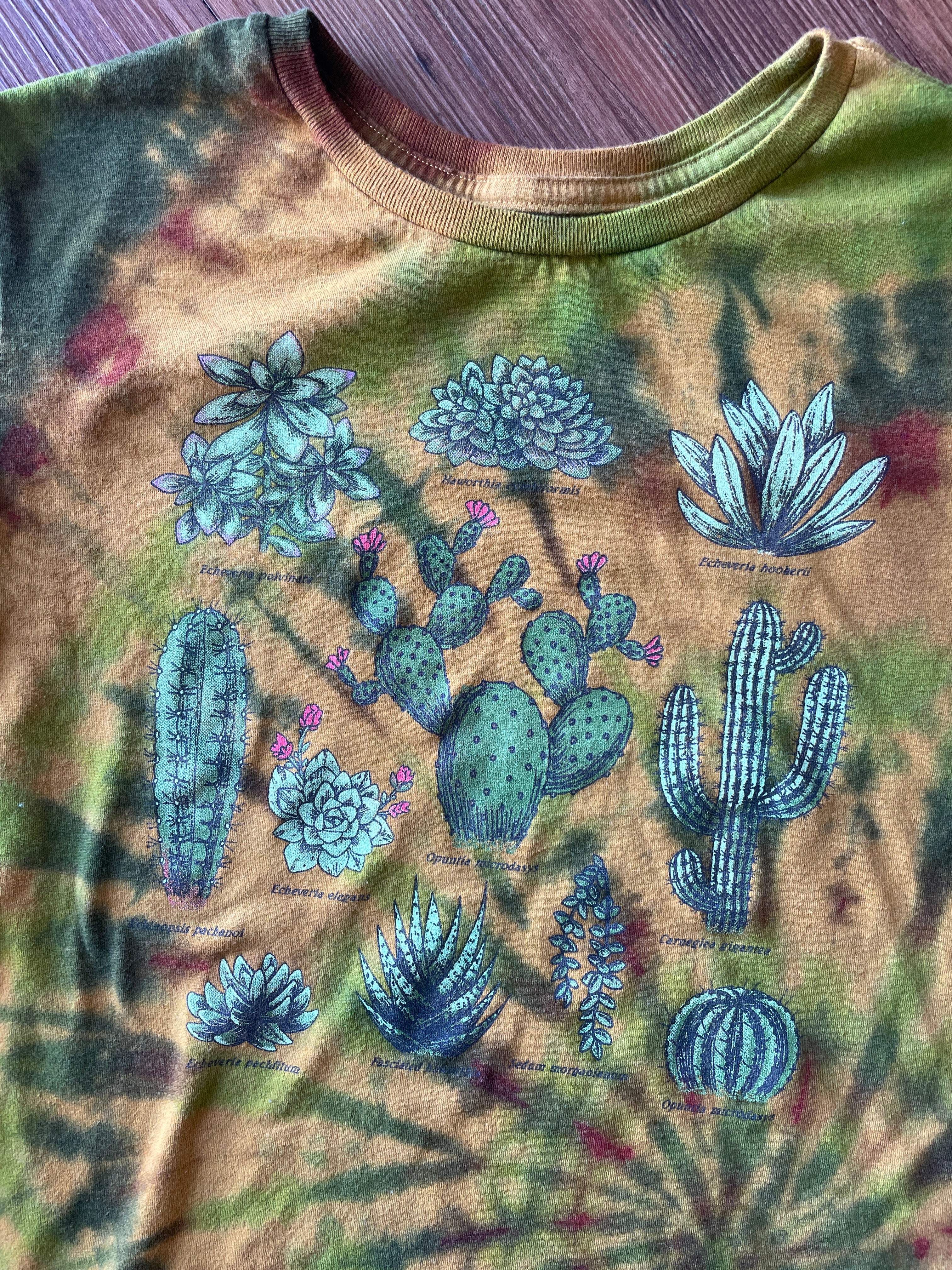 XS/S Women’s Cacti and Desert Plants Handmade Tie Dye T-Shirt | One-Of-a-Kind Yellow and Green Spiral Short Sleeve