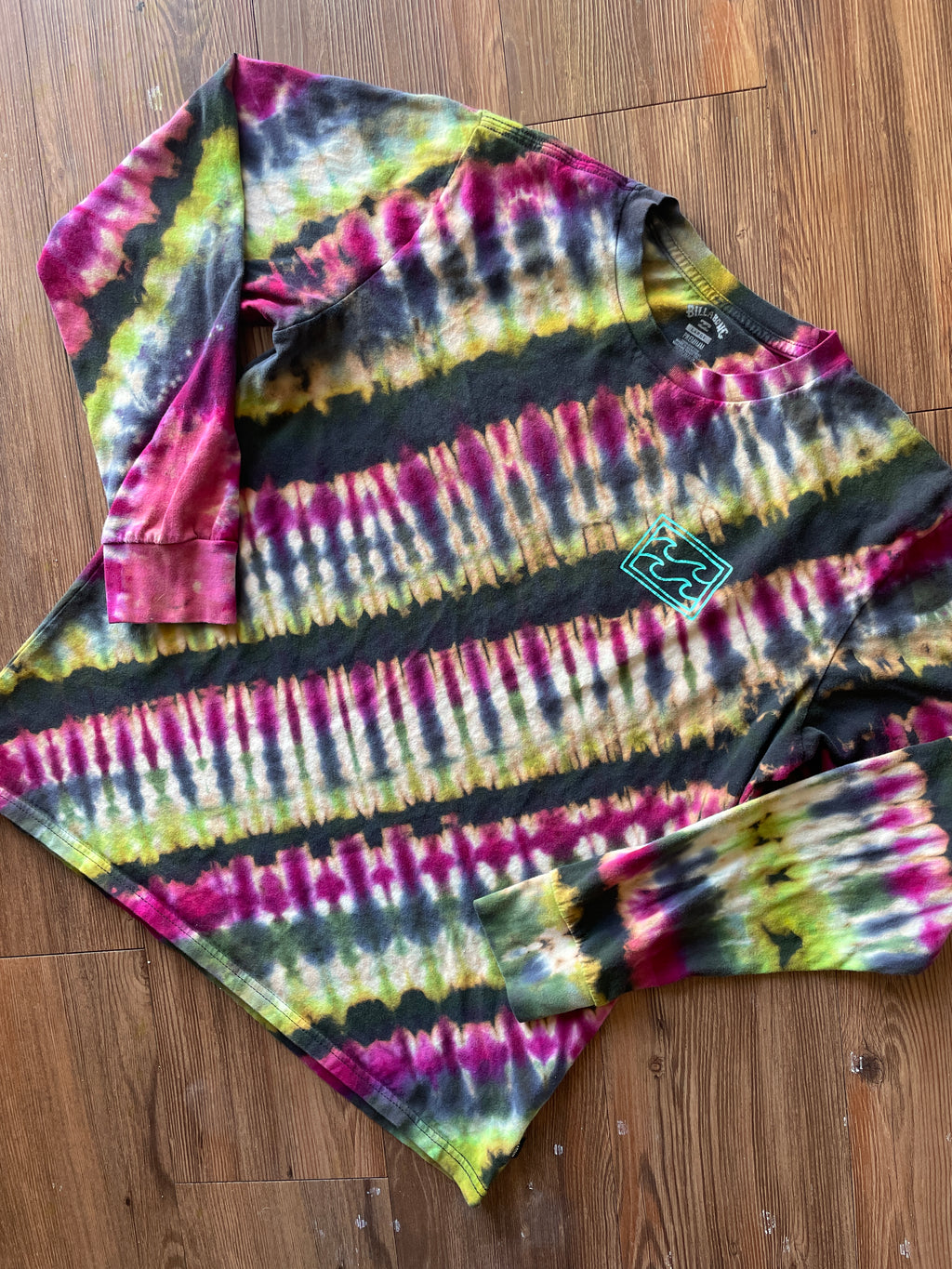 LARGE Men’s Billabong Waves Handmade Tie Dye Long Sleeve T-Shirt | One-Of-a-Kind Black, Pink, and Blue Long Sleeve