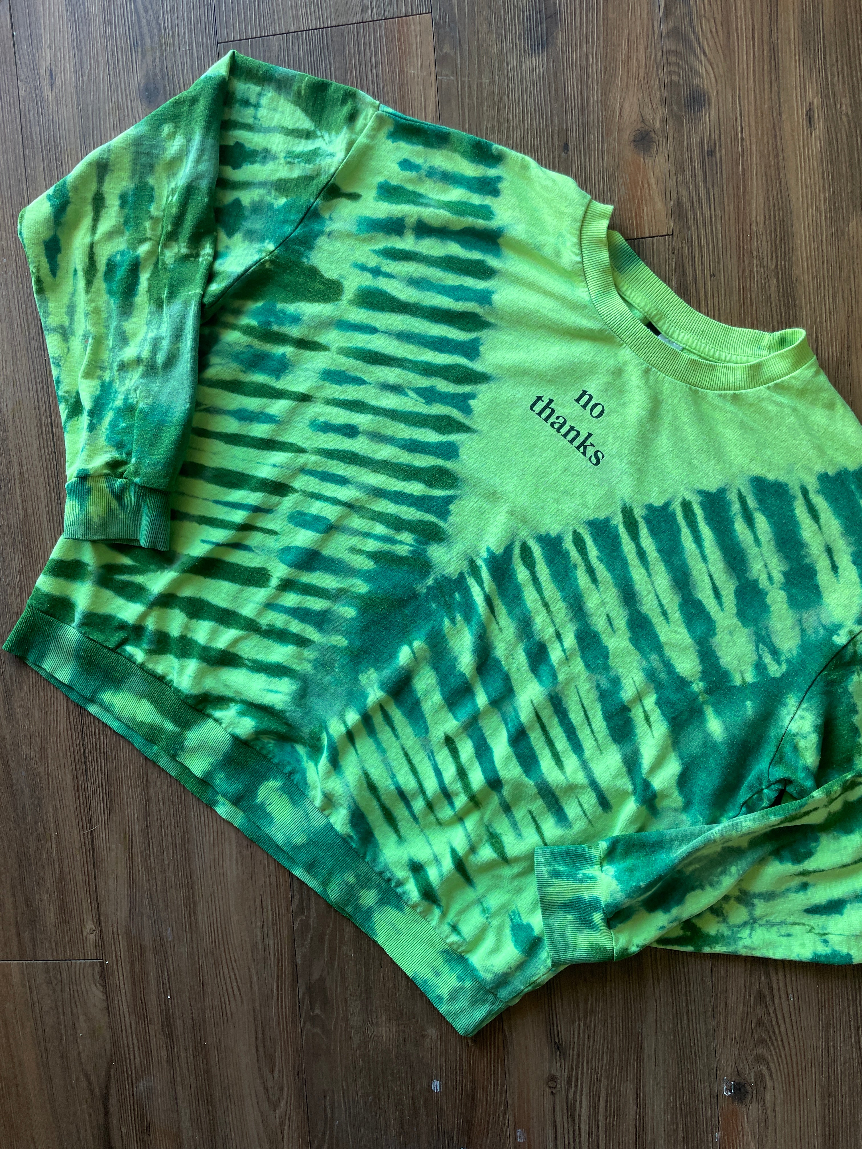 XL Women’s No Thanks Handmade Tie Dye Long Sleeve T-Shirt | One-Of-a-Kind Neon Green and Blue Long Sleeve