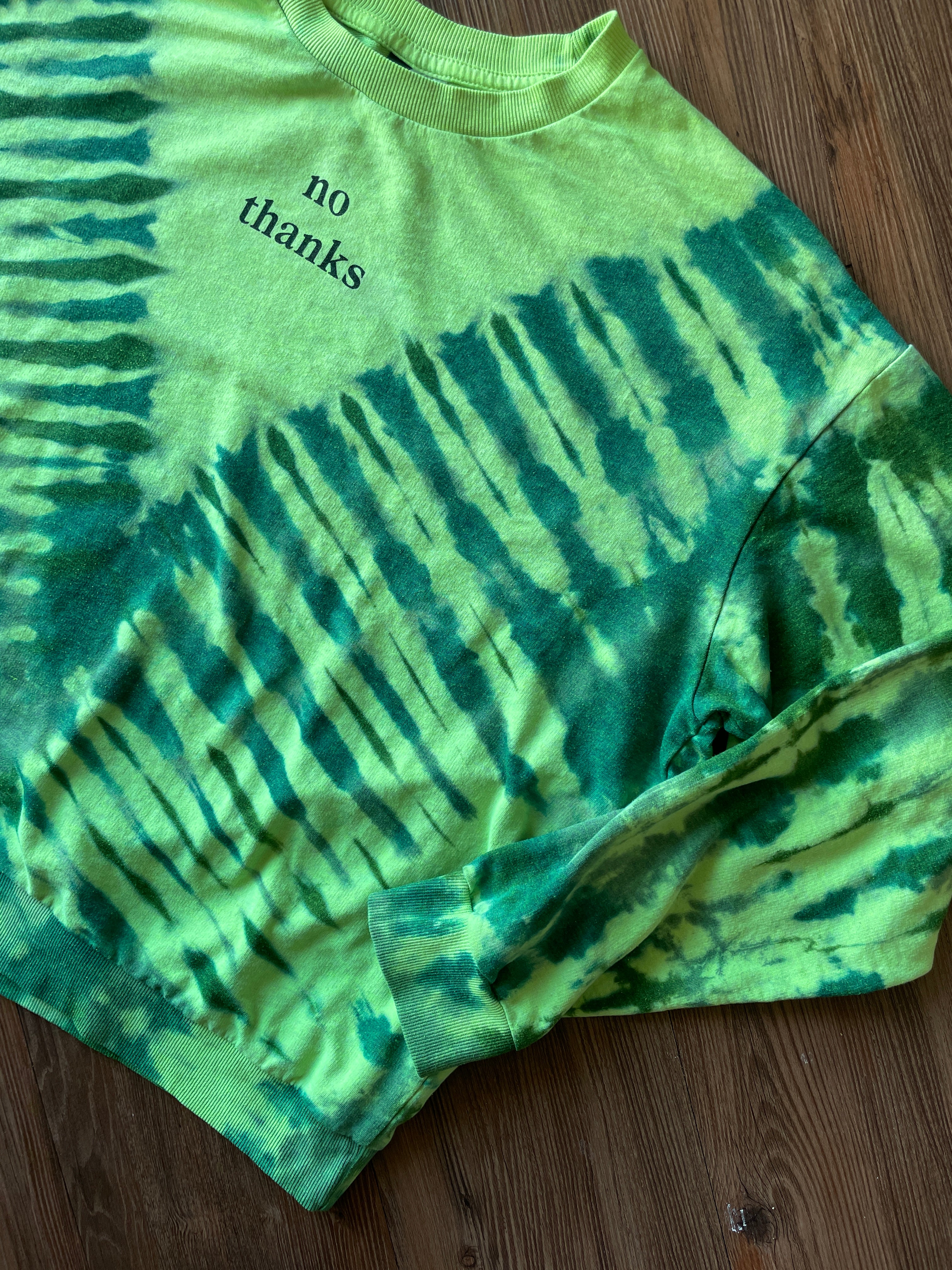 XL Women’s No Thanks Handmade Tie Dye Long Sleeve T-Shirt | One-Of-a-Kind Neon Green and Blue Long Sleeve