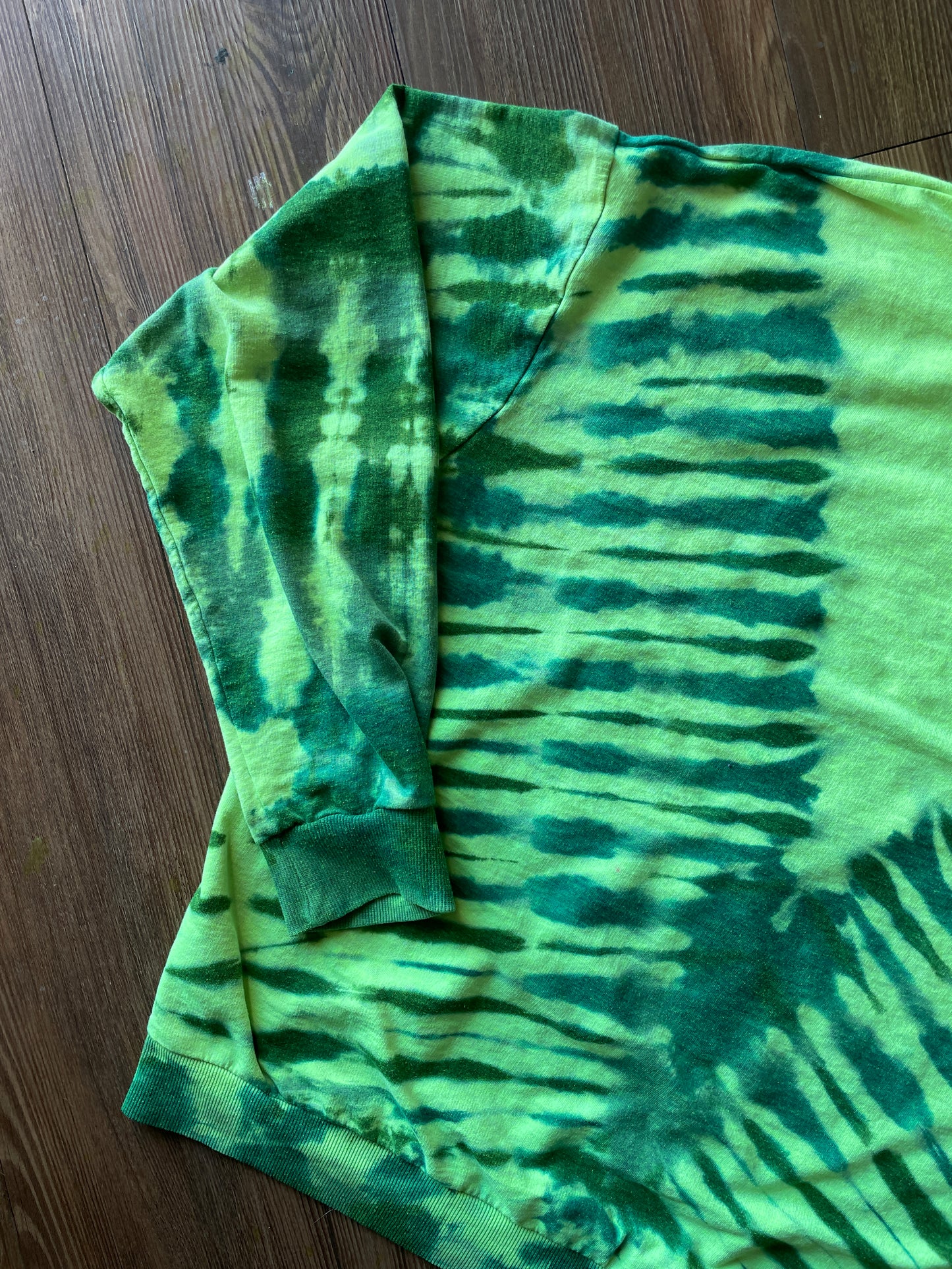 XL Women’s No Thanks Handmade Tie Dye Long Sleeve T-Shirt | One-Of-a-Kind Neon Green and Blue Long Sleeve