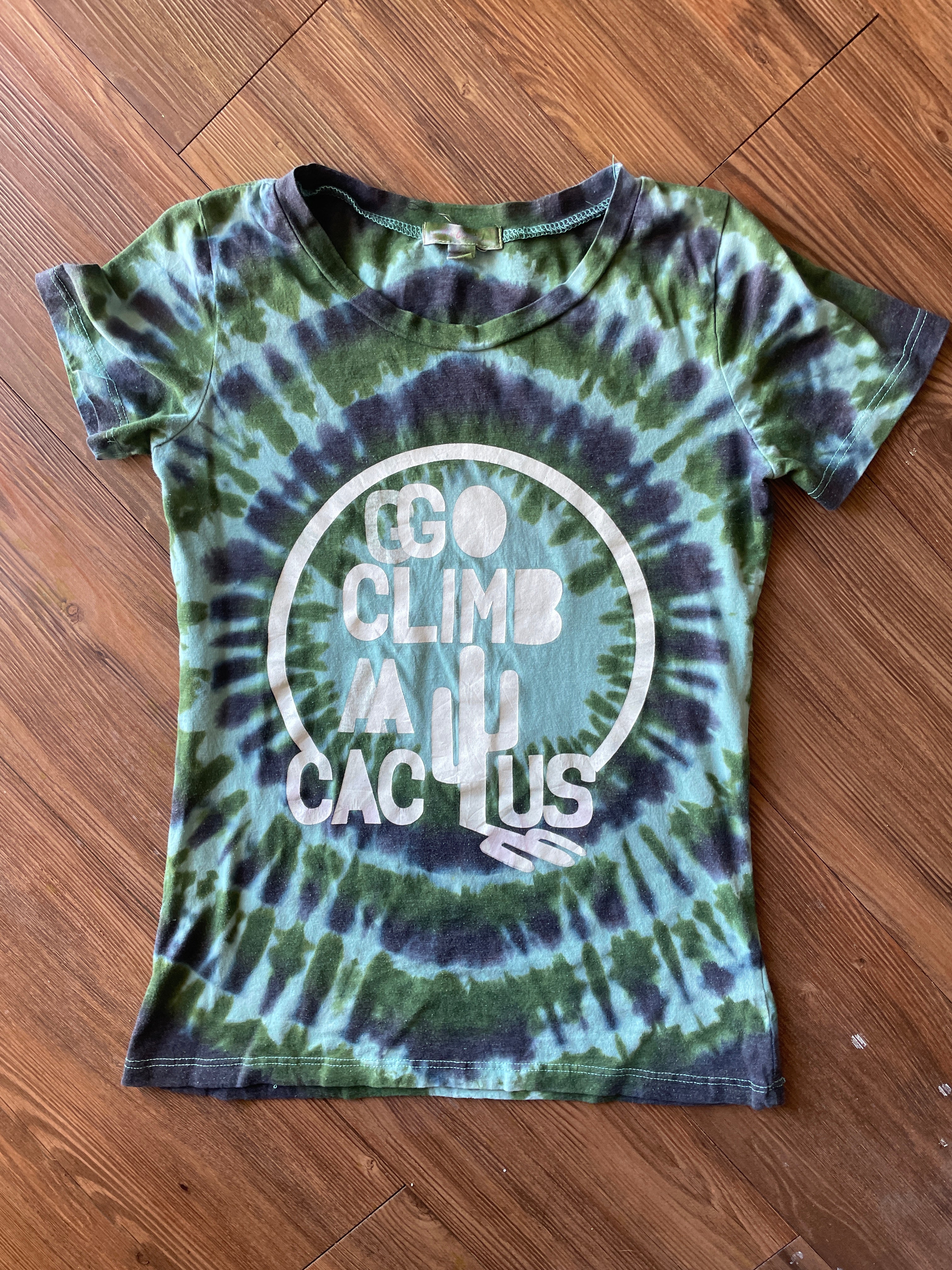 XS/S Women’s Go Climb a Cactus Handmade Tie Dye T-Shirt | One-Of-a-Kind Blue and Green Short Sleeve