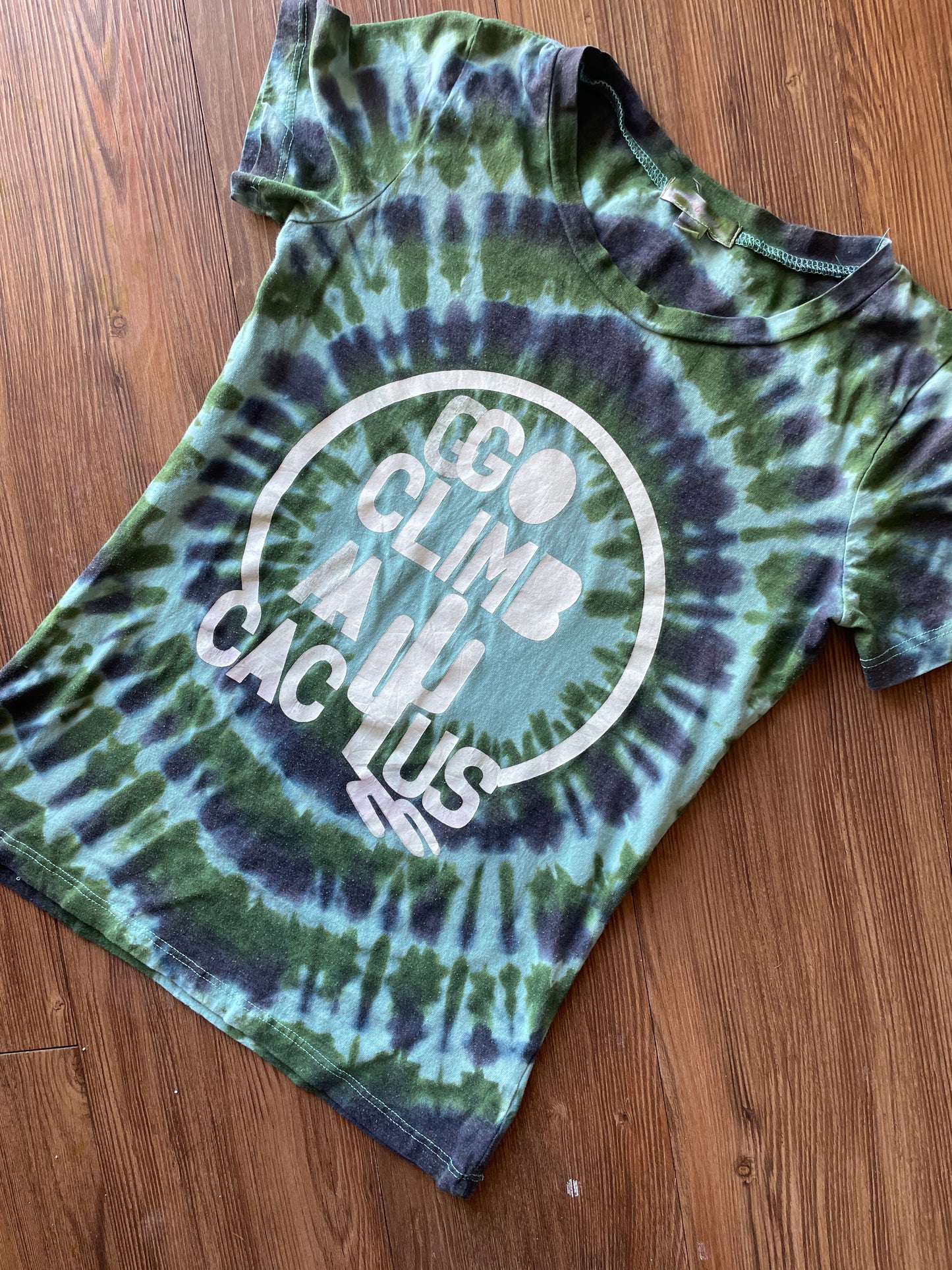 XS/S Women’s Go Climb a Cactus Handmade Tie Dye T-Shirt | One-Of-a-Kind Blue and Green Short Sleeve