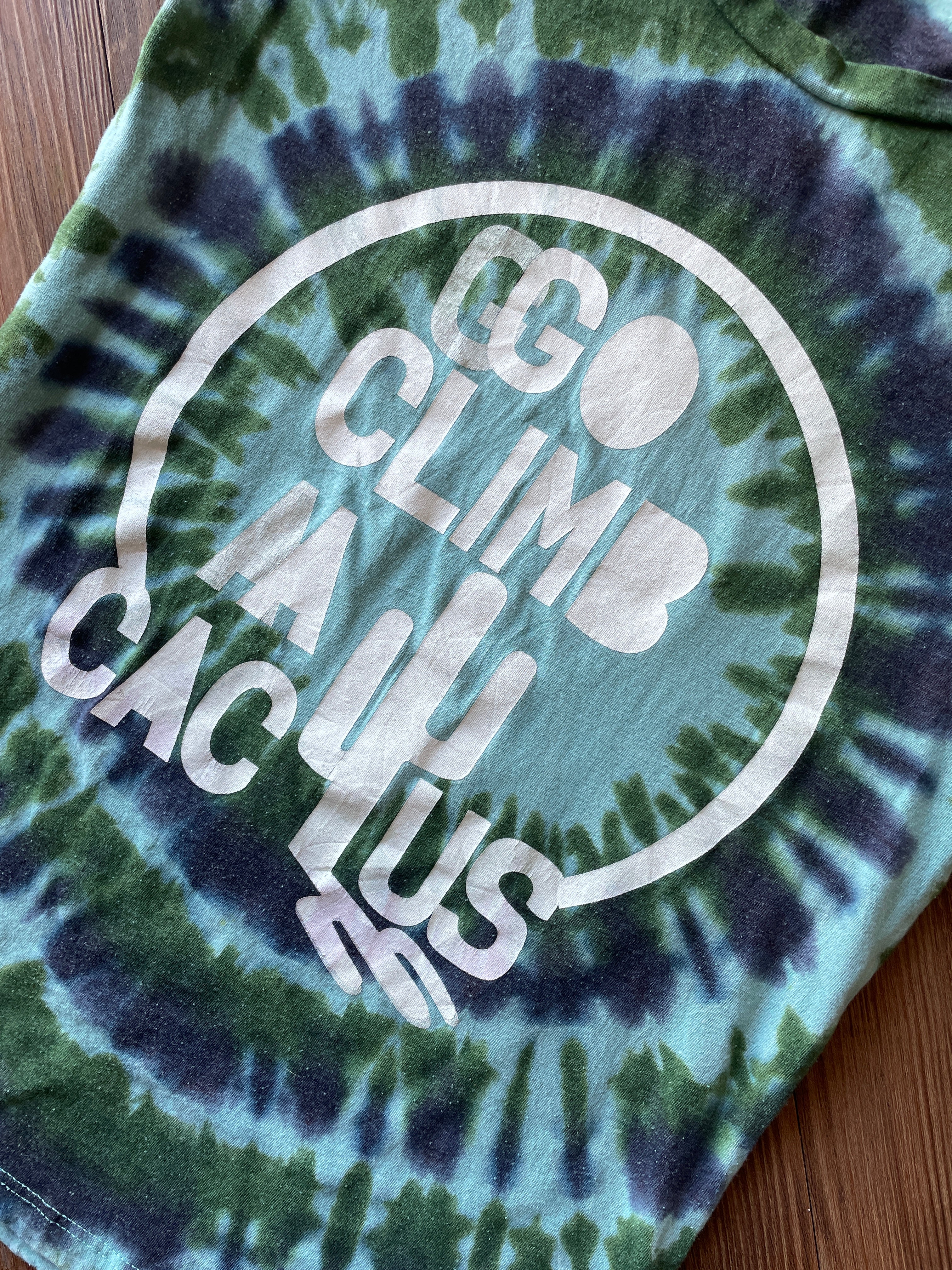 XS/S Women’s Go Climb a Cactus Handmade Tie Dye T-Shirt | One-Of-a-Kind Blue and Green Short Sleeve