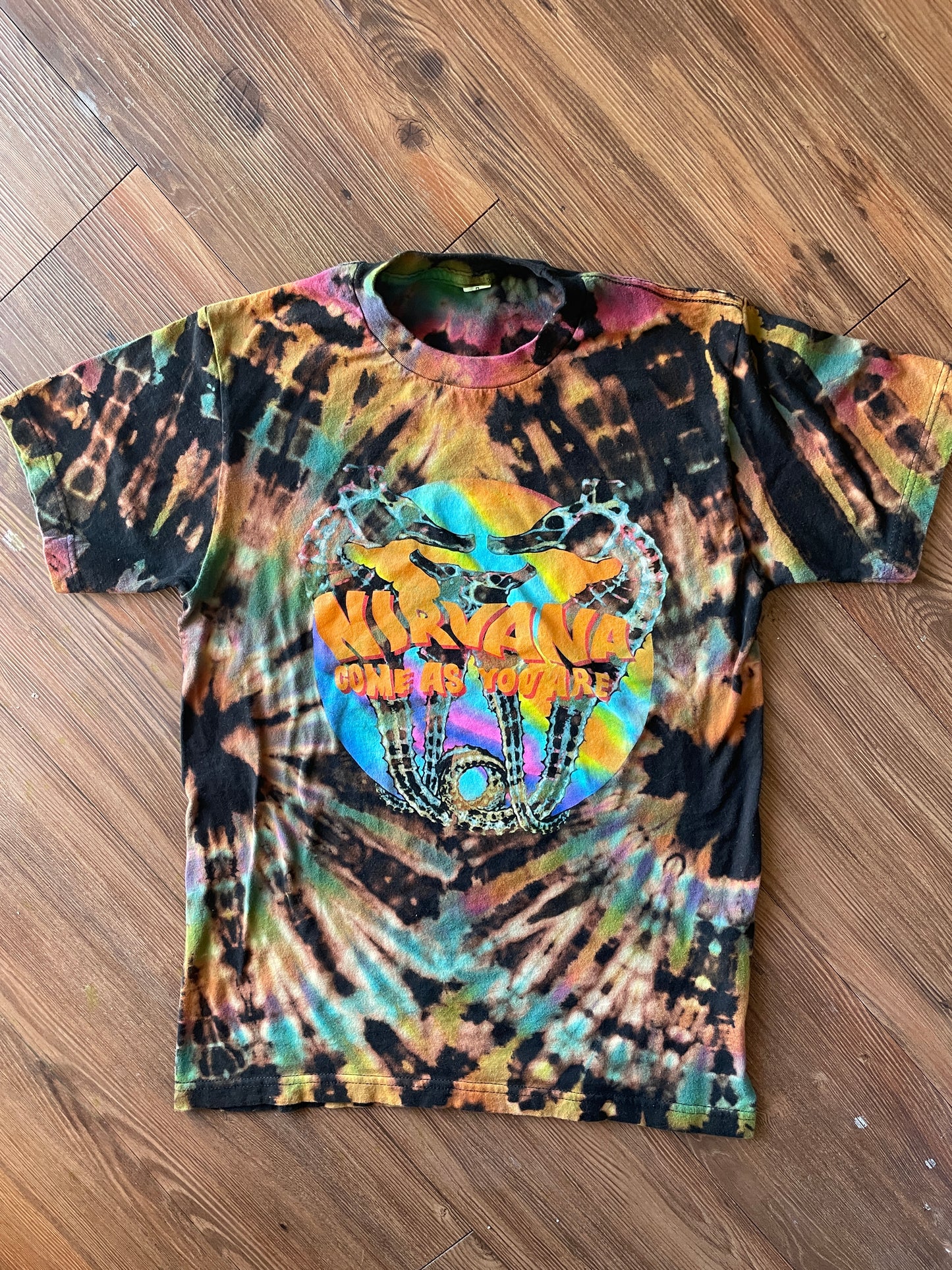 MEDIUM Men’s Nirvana Come As You Are Handmade Tie Dye T-Shirt | One-Of-a-Kind Pastel Rainbow and Black Short Sleeve