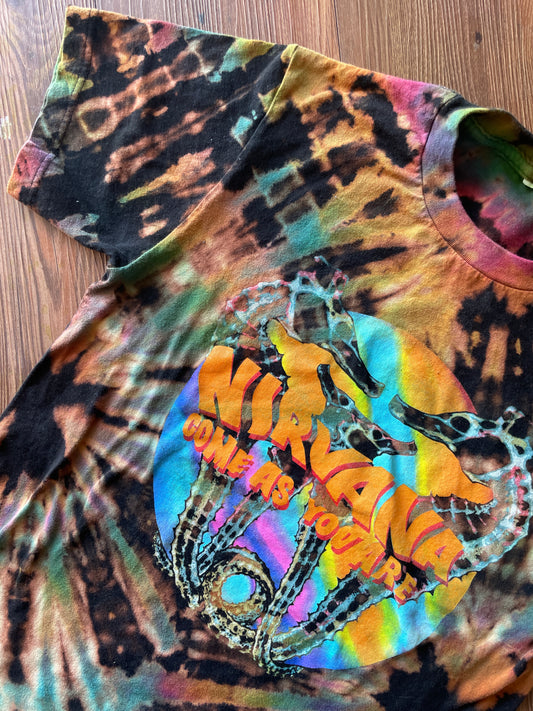 MEDIUM Men’s Nirvana Come As You Are Handmade Tie Dye T-Shirt | One-Of-a-Kind Pastel Rainbow and Black Short Sleeve