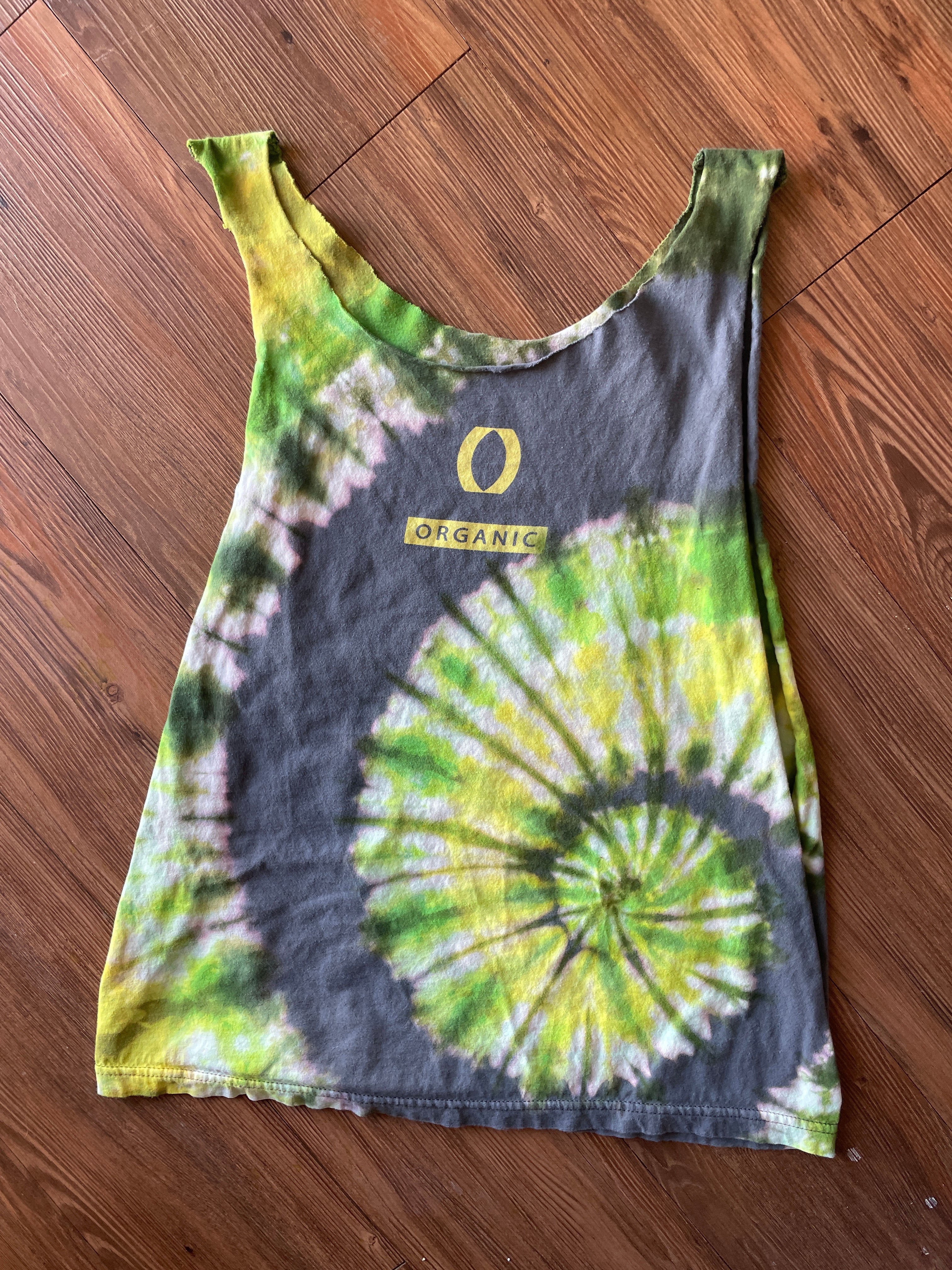 SMALL Men’s Organic Climbing Handmade Tie Dye Cut-Off T-Shirt | One-Of-a-Kind Gray, Green, and Yellow Tank Top