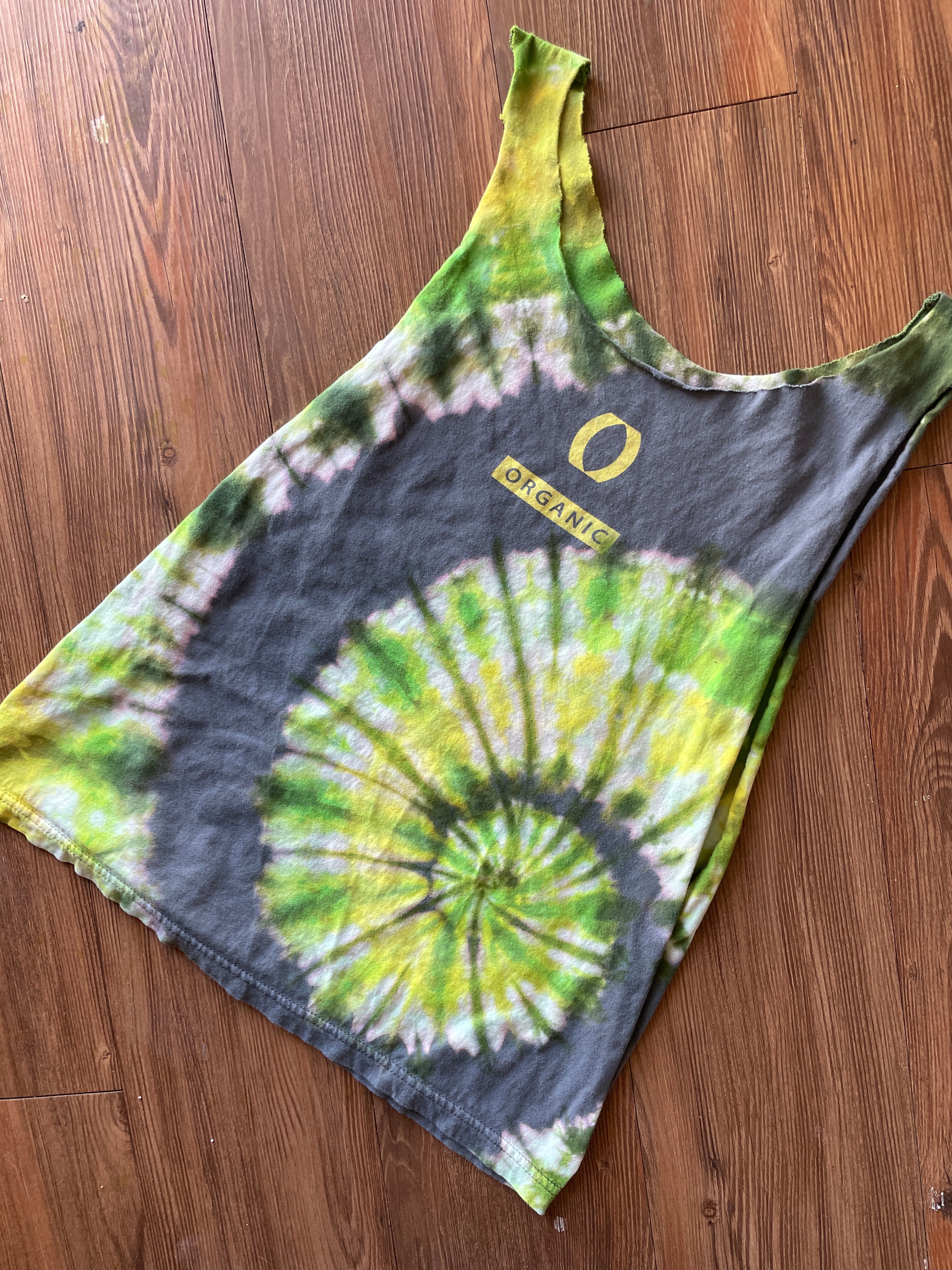 SMALL Men’s Organic Climbing Handmade Tie Dye Cut-Off T-Shirt | One-Of-a-Kind Gray, Green, and Yellow Tank Top