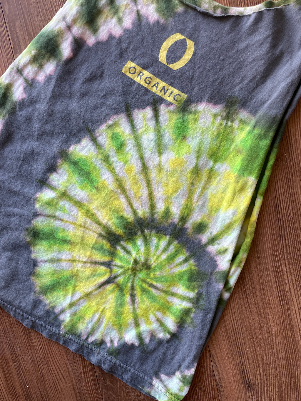 SMALL Men’s Organic Climbing Handmade Tie Dye Cut-Off T-Shirt | One-Of-a-Kind Gray, Green, and Yellow Tank Top