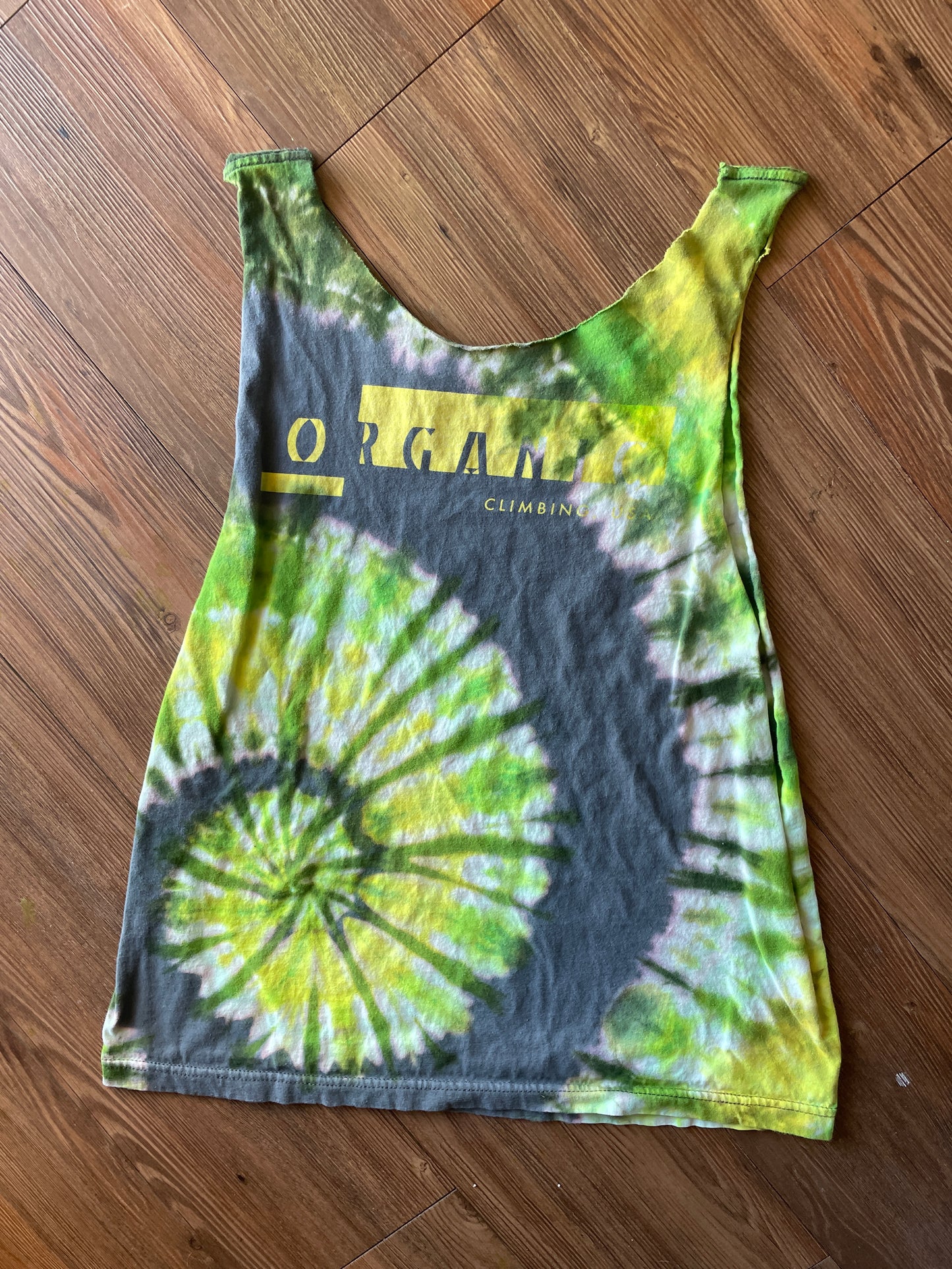 SMALL Men’s Organic Climbing Handmade Tie Dye Cut-Off T-Shirt | One-Of-a-Kind Gray, Green, and Yellow Tank Top