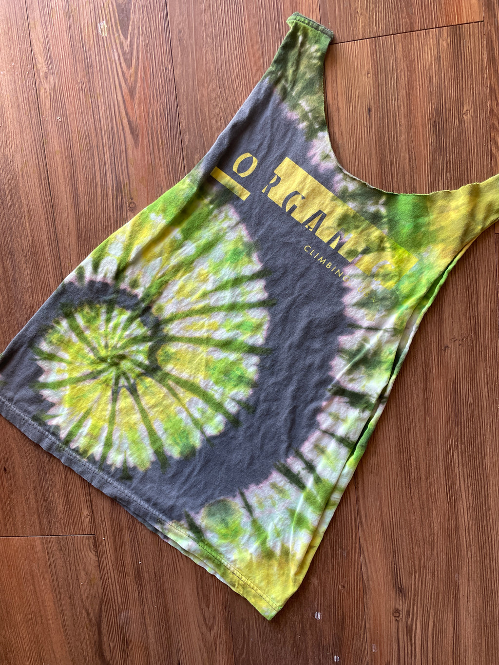 SMALL Men’s Organic Climbing Handmade Tie Dye Cut-Off T-Shirt | One-Of-a-Kind Gray, Green, and Yellow Tank Top