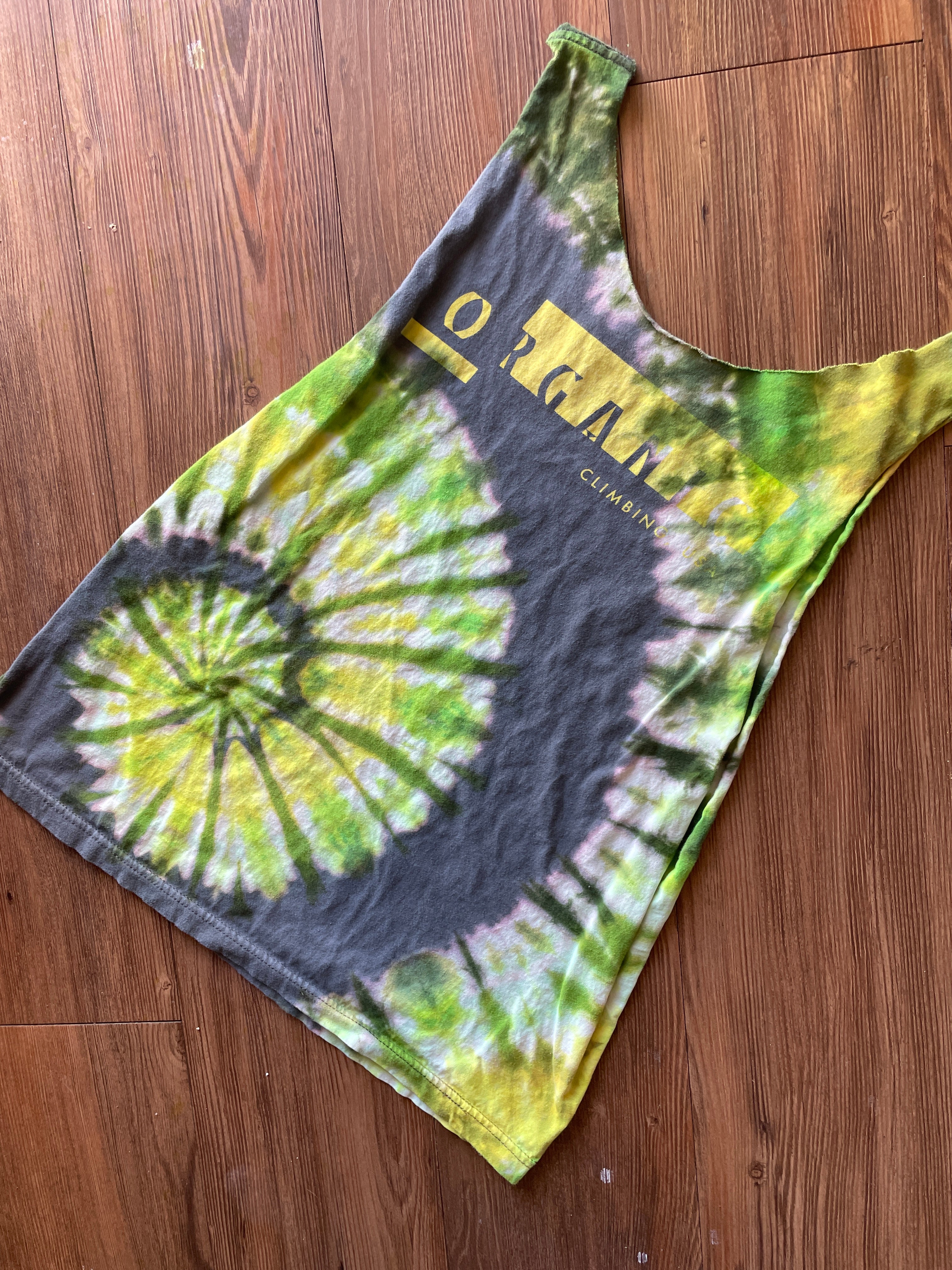 SMALL Men’s Organic Climbing Handmade Tie Dye Cut-Off T-Shirt | One-Of-a-Kind Gray, Green, and Yellow Tank Top