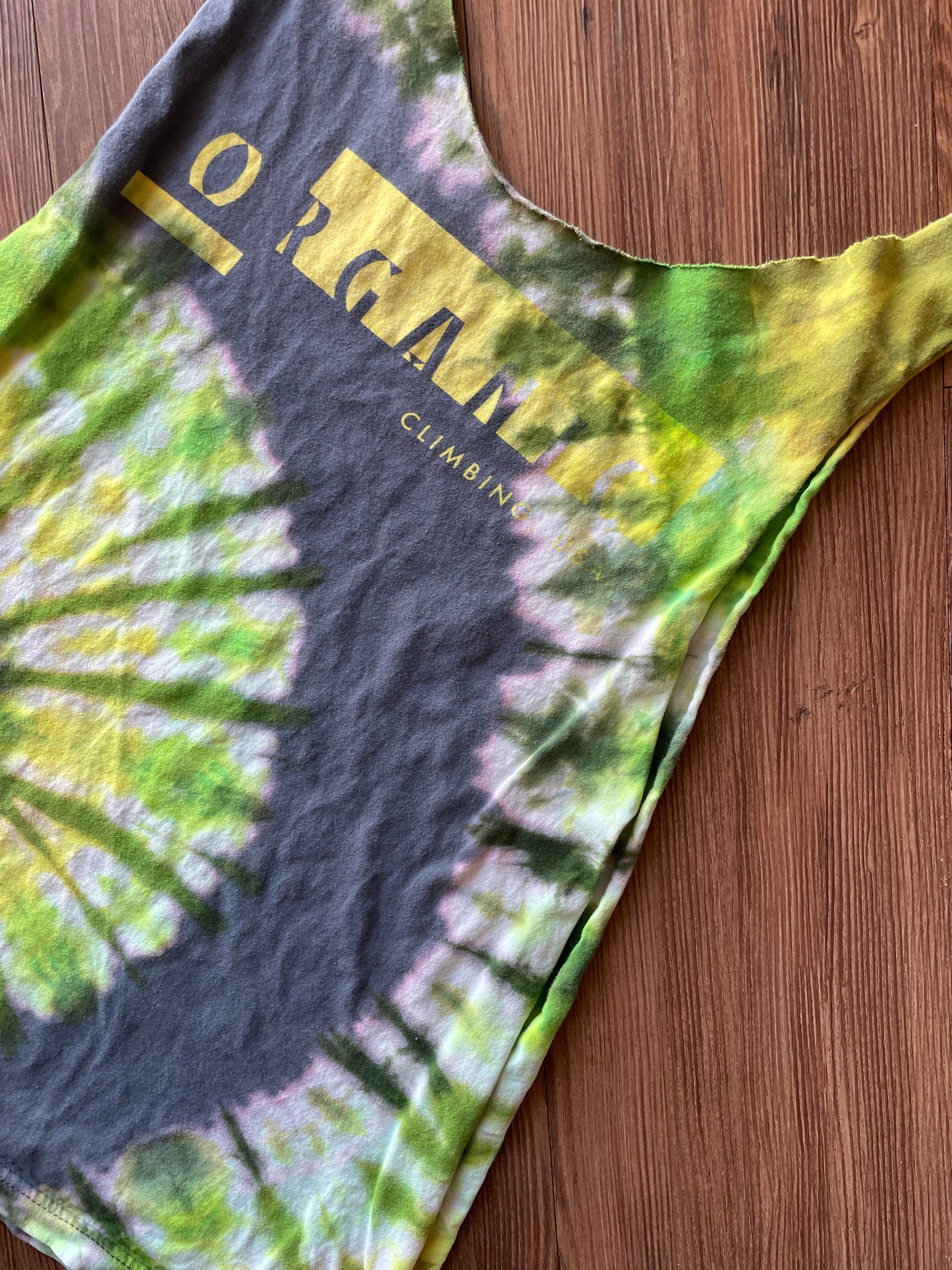 SMALL Men’s Organic Climbing Handmade Tie Dye Cut-Off T-Shirt | One-Of-a-Kind Gray, Green, and Yellow Tank Top