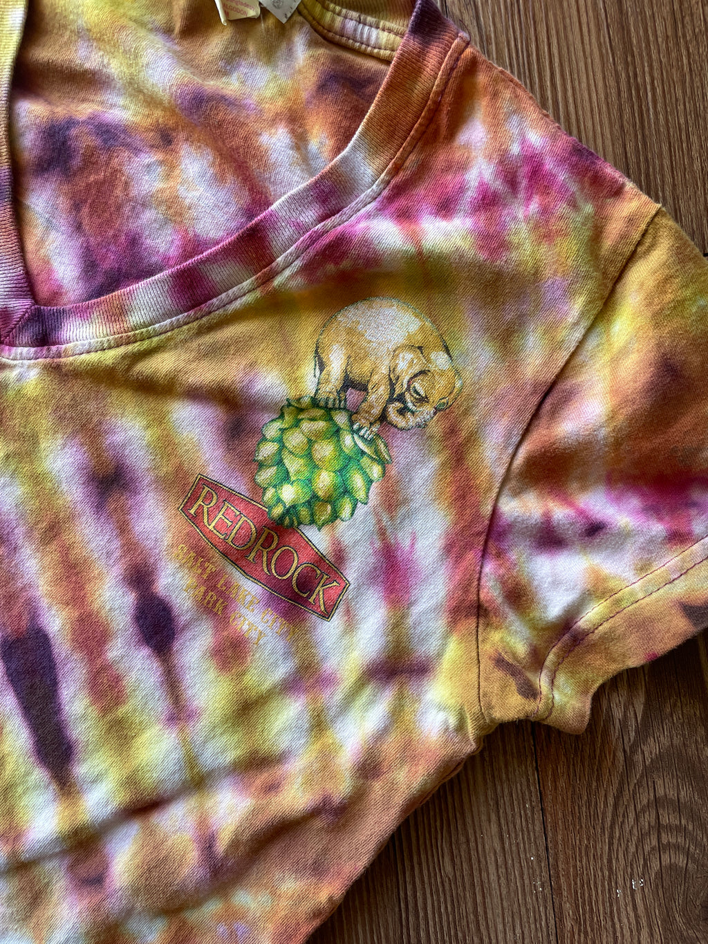 SMALL Women’s Red Rock Brewery Elephino IPA Handmade Tie Dye T-Shirt | One-Of-a-Kind Pink and Orange Pleated Short Sleeve