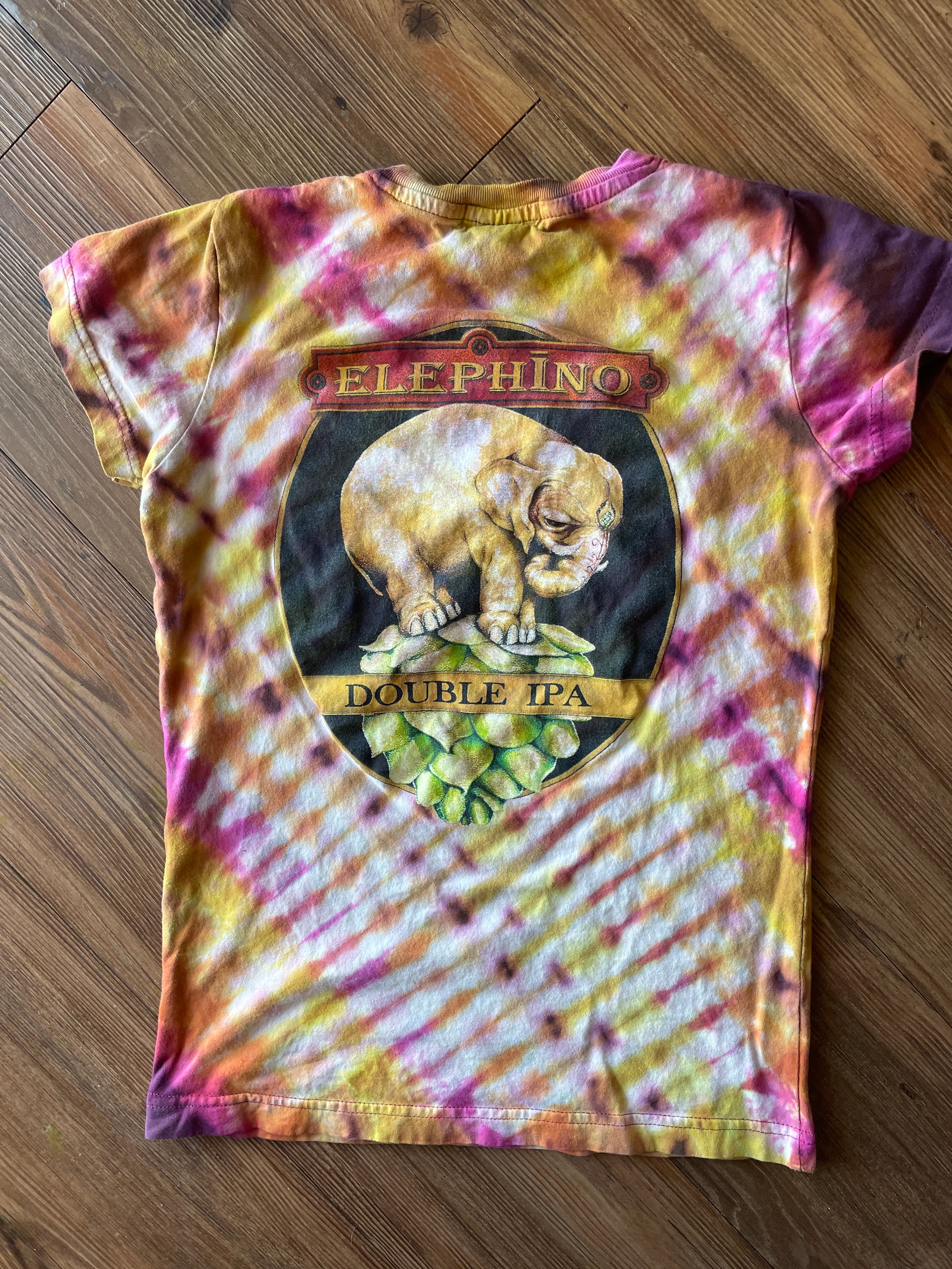 SMALL Women’s Red Rock Brewery Elephino IPA Handmade Tie Dye T-Shirt | One-Of-a-Kind Pink and Orange Pleated Short Sleeve