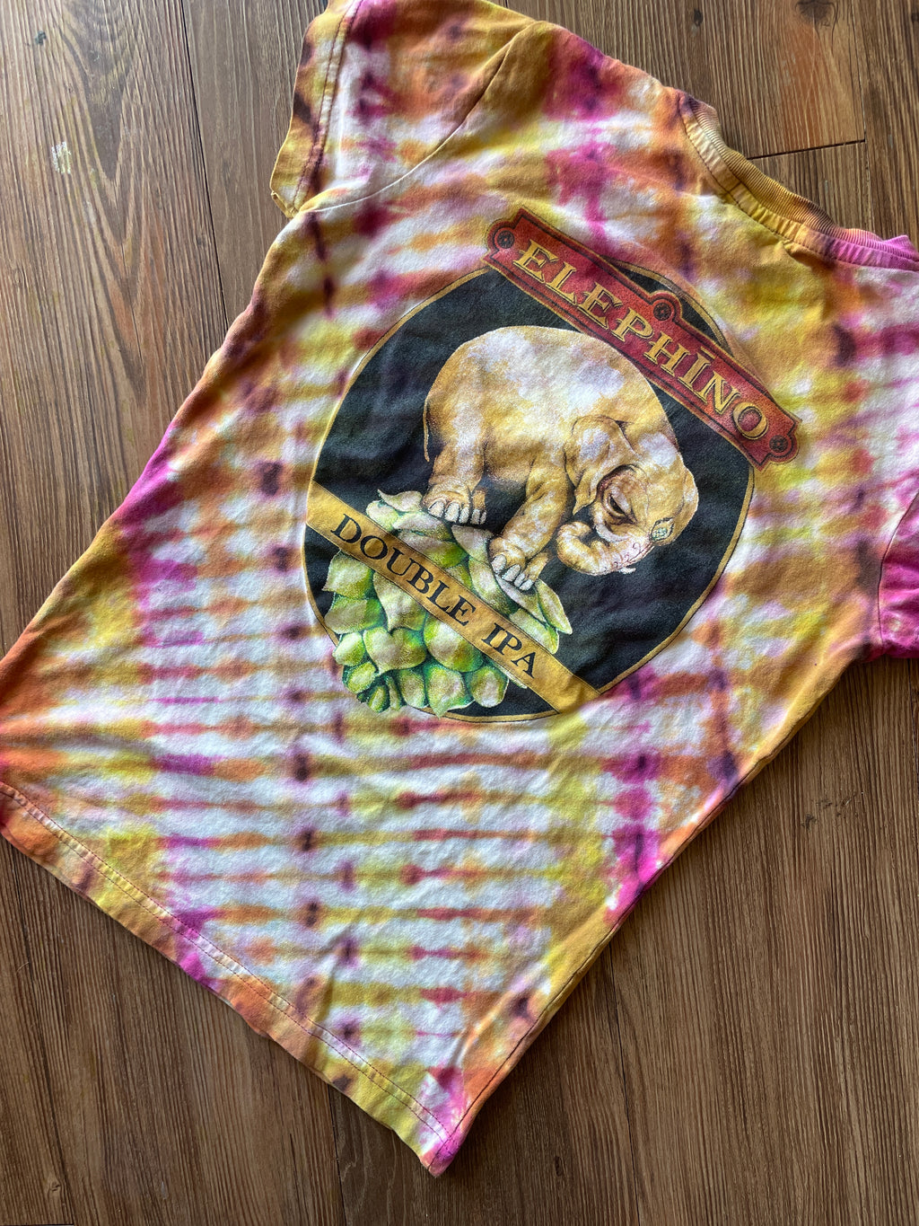 SMALL Women’s Red Rock Brewery Elephino IPA Handmade Tie Dye T-Shirt | One-Of-a-Kind Pink and Orange Pleated Short Sleeve