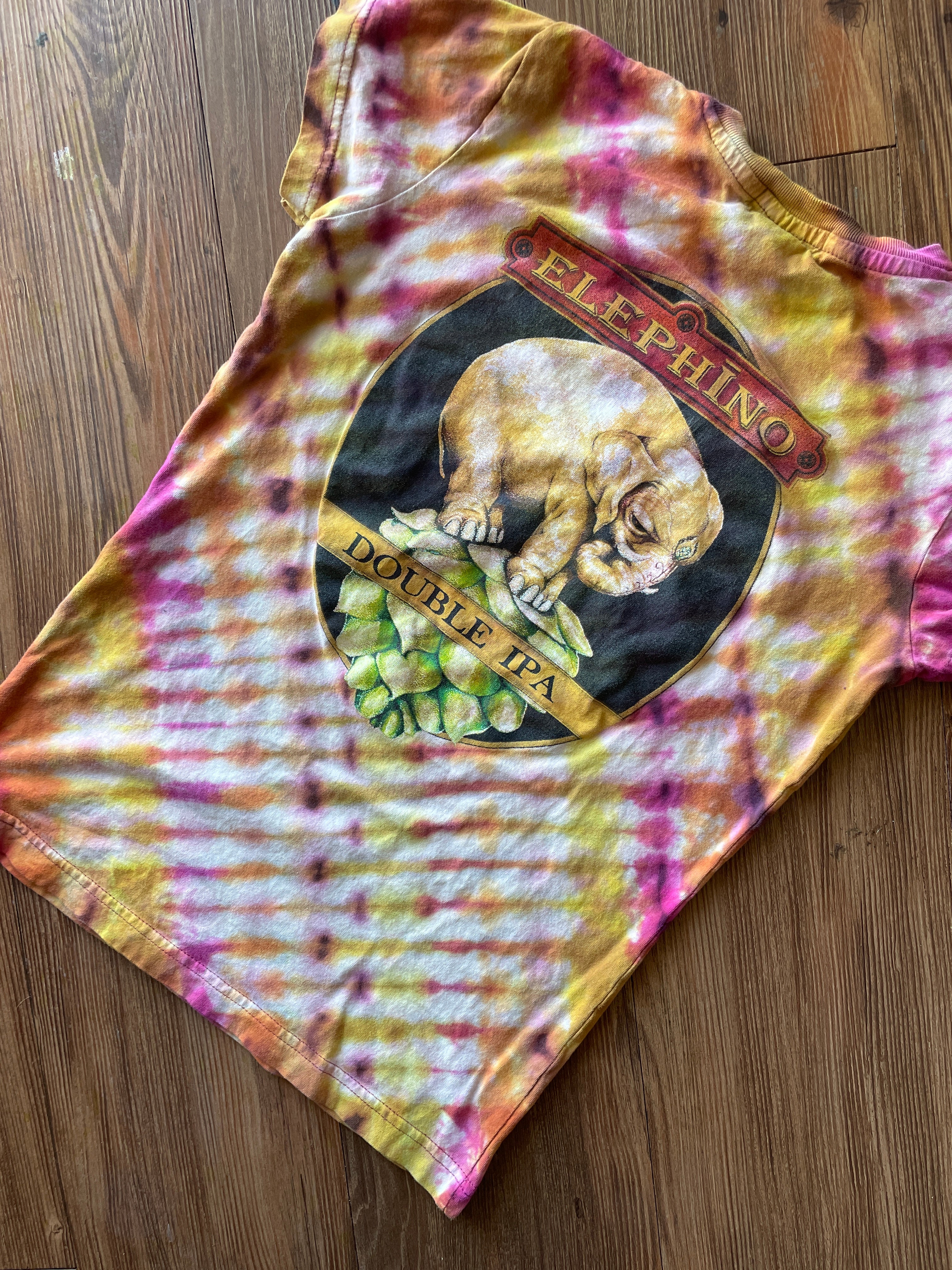 SMALL Women’s Red Rock Brewery Elephino IPA Handmade Tie Dye T-Shirt | One-Of-a-Kind Pink and Orange Pleated Short Sleeve