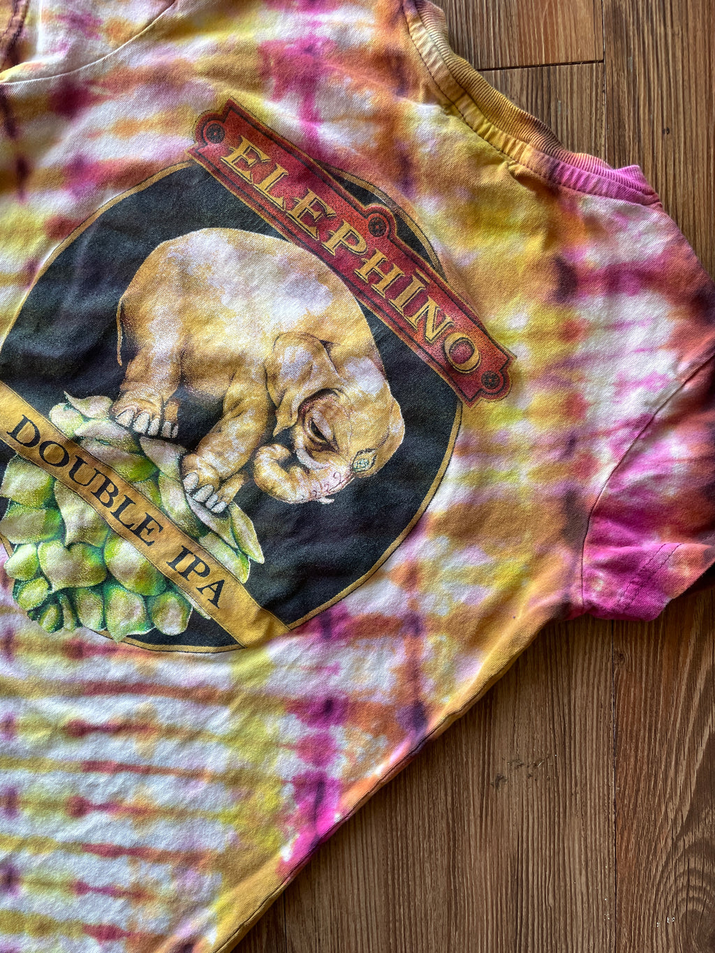 SMALL Women’s Red Rock Brewery Elephino IPA Handmade Tie Dye T-Shirt | One-Of-a-Kind Pink and Orange Pleated Short Sleeve