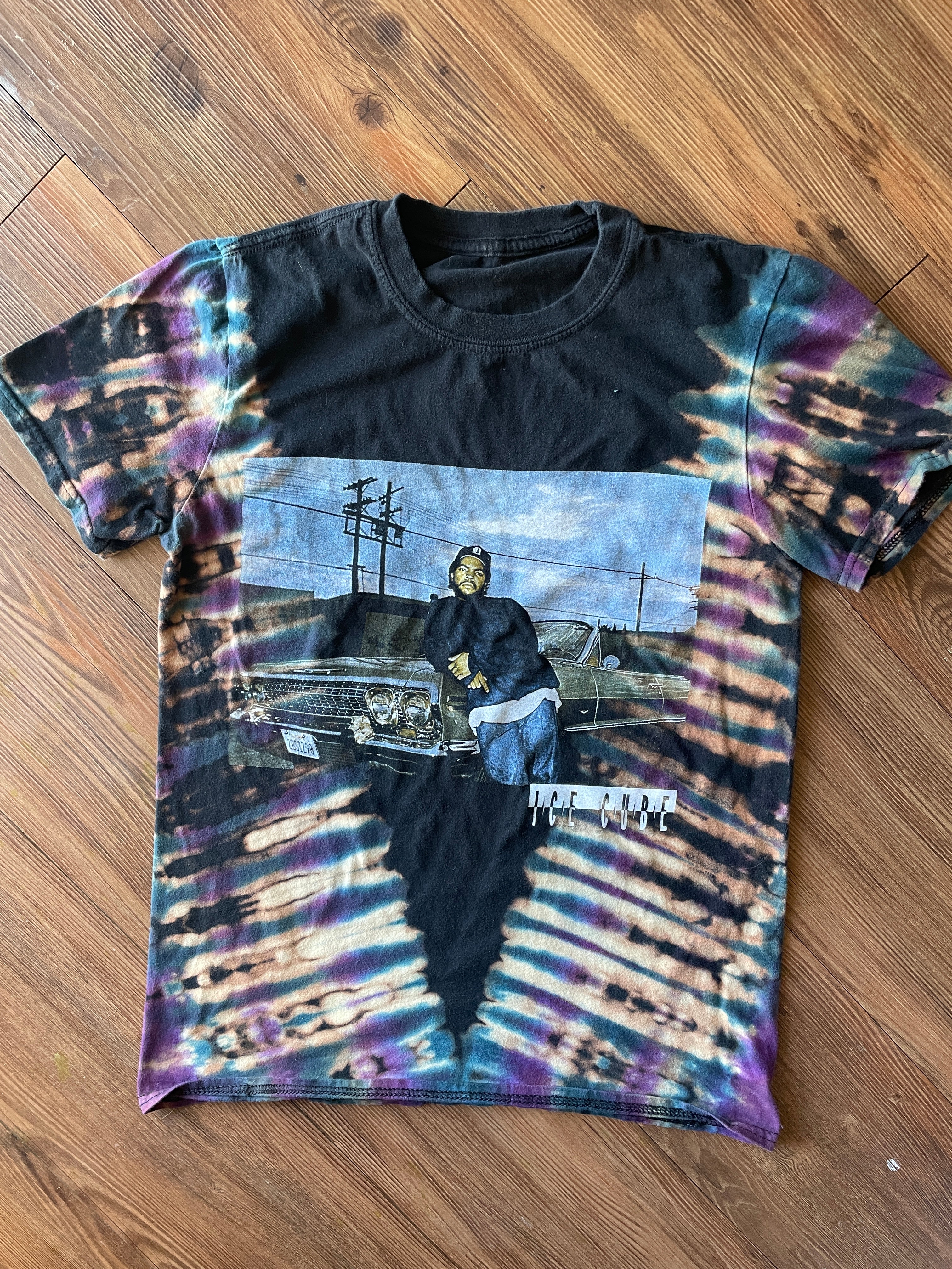 XS/S Men’s Ice Cube Handmade Reverse Tie Dye T-Shirt | One-Of-a-Kind Black, Purple, and Blue Short Sleeve