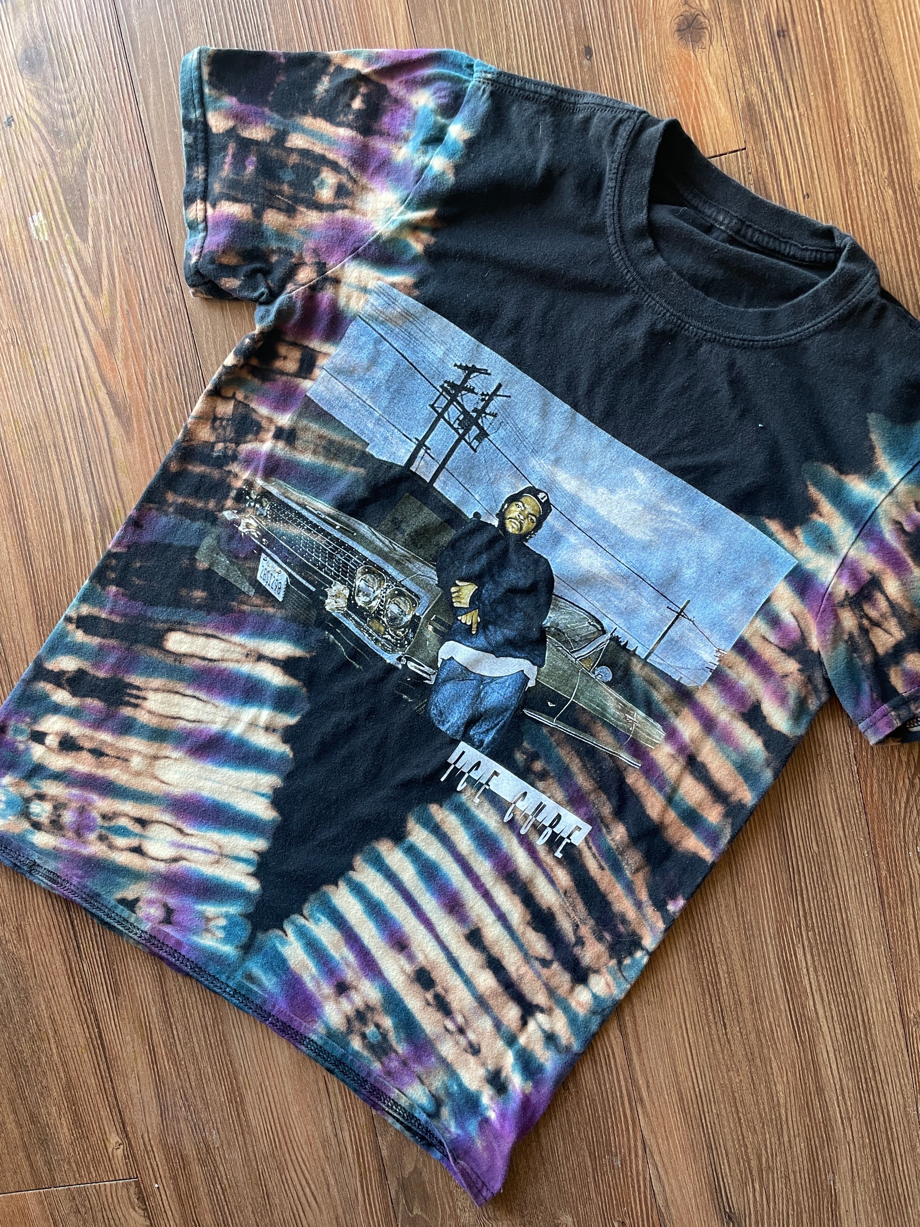 XS/S Men’s Ice Cube Handmade Reverse Tie Dye T-Shirt | One-Of-a-Kind Black, Purple, and Blue Short Sleeve