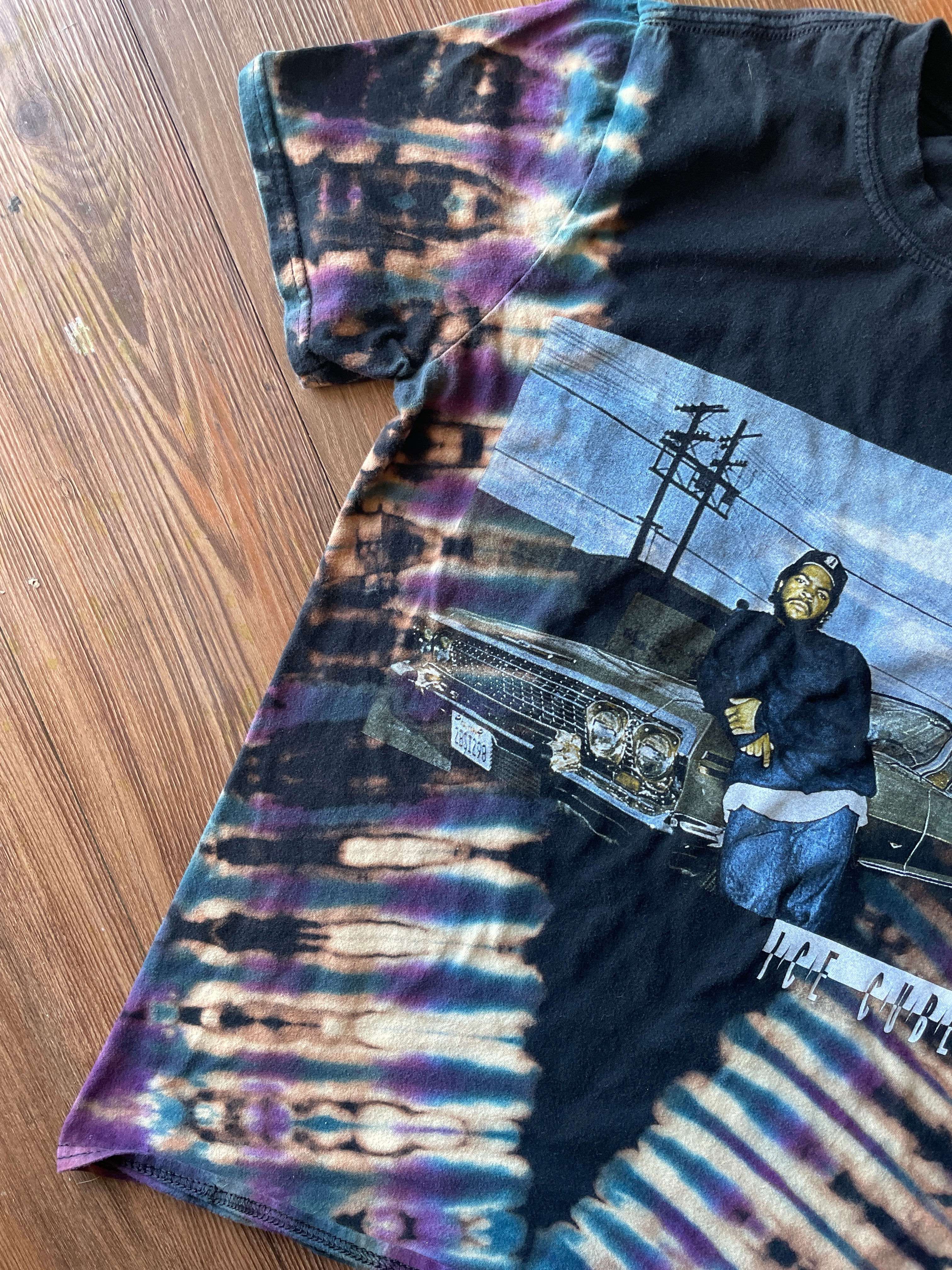 XS/S Men’s Ice Cube Handmade Reverse Tie Dye T-Shirt | One-Of-a-Kind Black, Purple, and Blue Short Sleeve