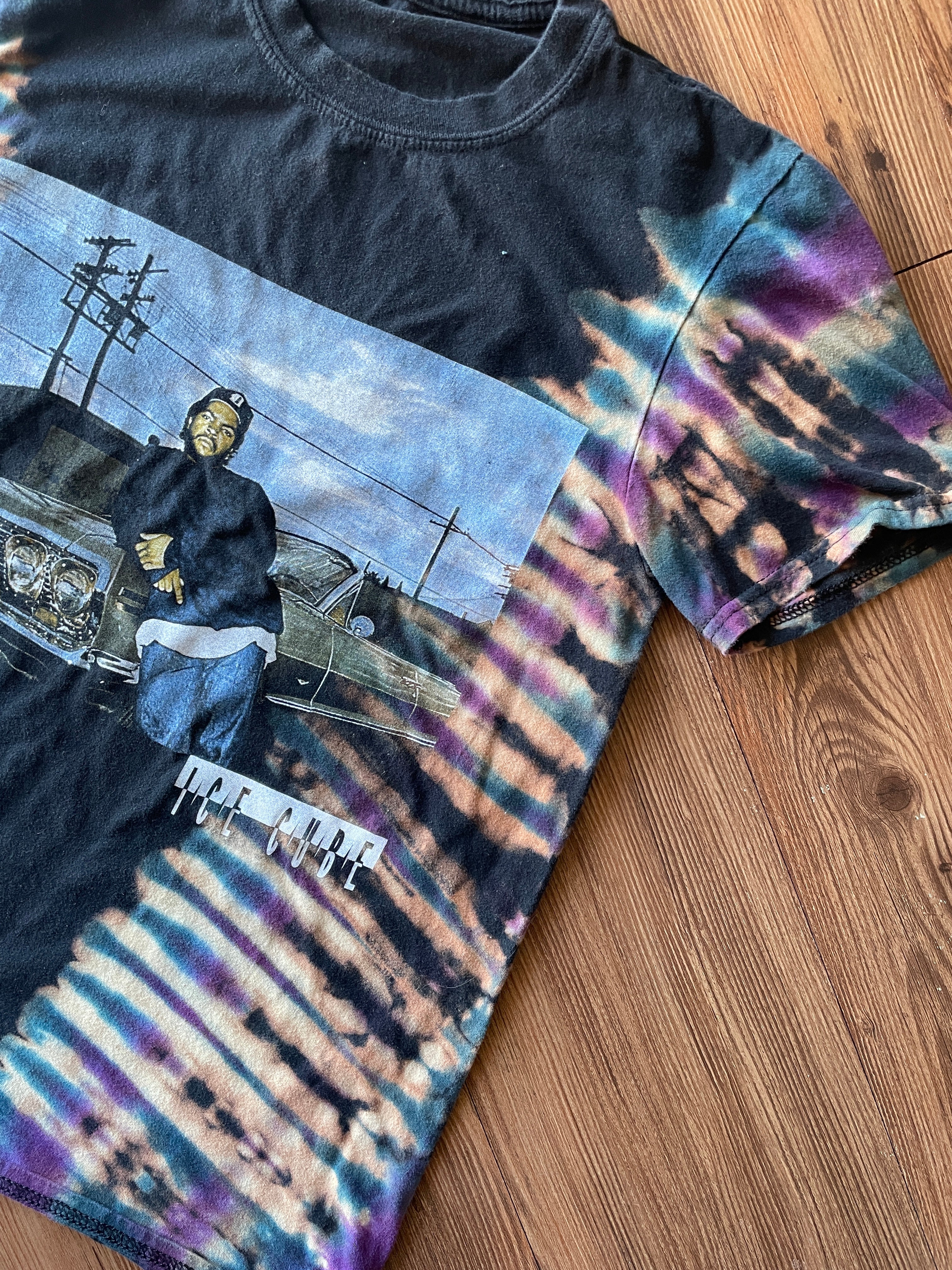 XS/S Men’s Ice Cube Handmade Reverse Tie Dye T-Shirt | One-Of-a-Kind Black, Purple, and Blue Short Sleeve