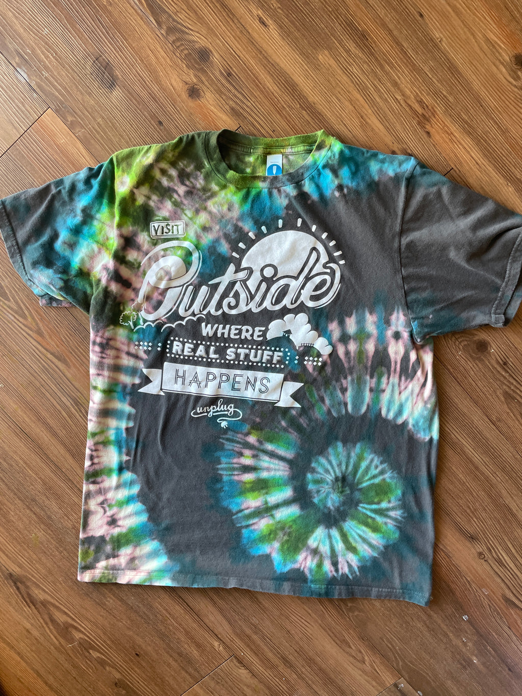 LARGE Men’s Go Outside Handmade Tie Dye T-Shirt | One-Of-a-Kind Gray, Blue, and Green Short Sleeve
