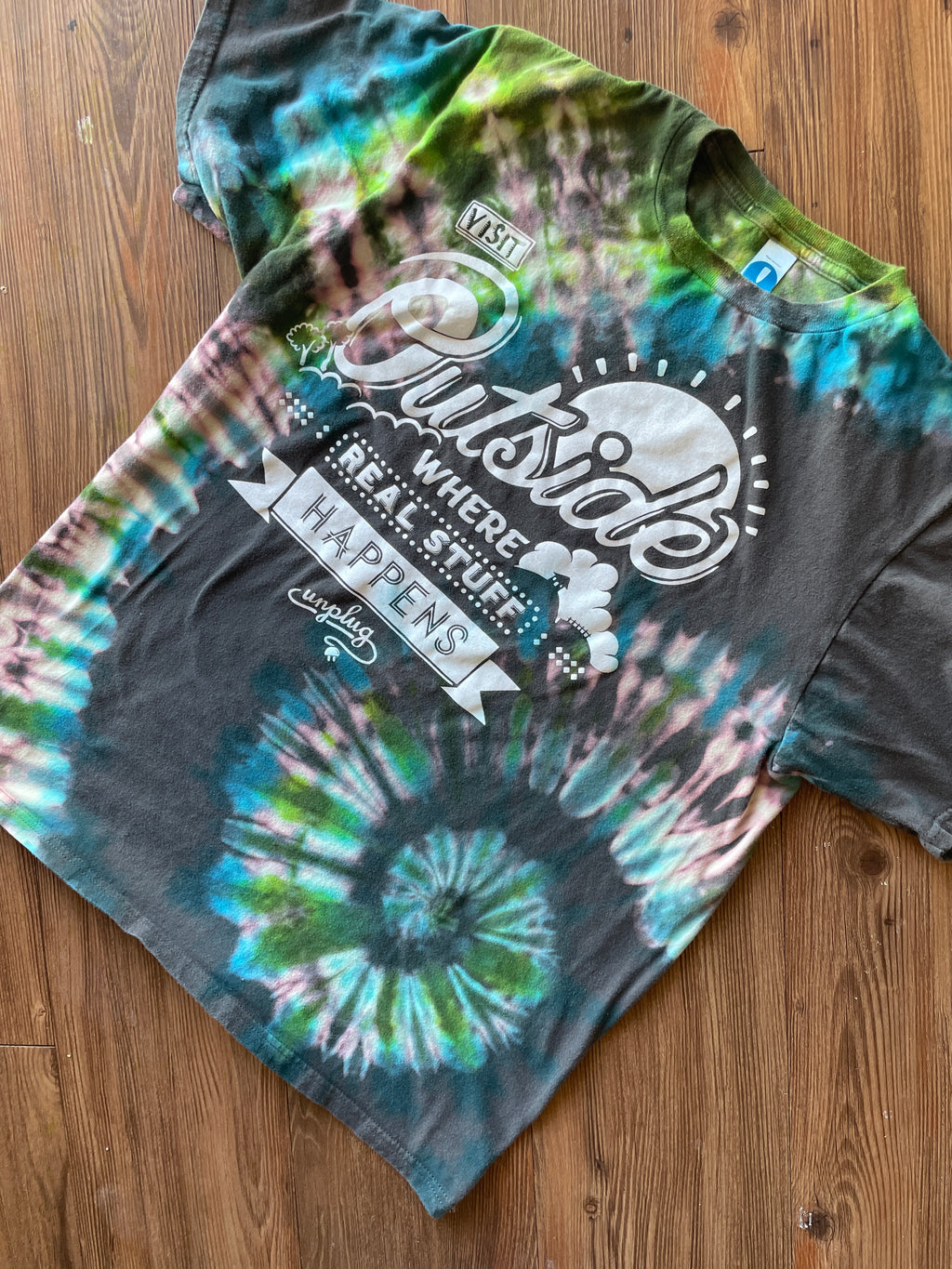 LARGE Men’s Go Outside Handmade Tie Dye T-Shirt | One-Of-a-Kind Gray, Blue, and Green Short Sleeve