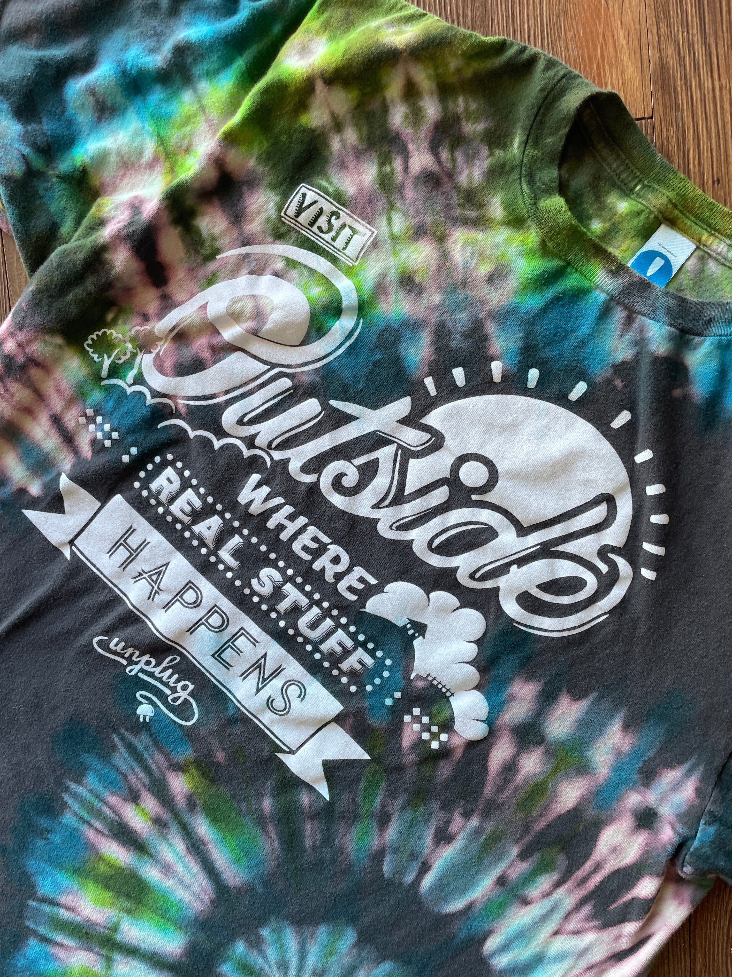 LARGE Men’s Go Outside Handmade Tie Dye T-Shirt | One-Of-a-Kind Gray, Blue, and Green Short Sleeve