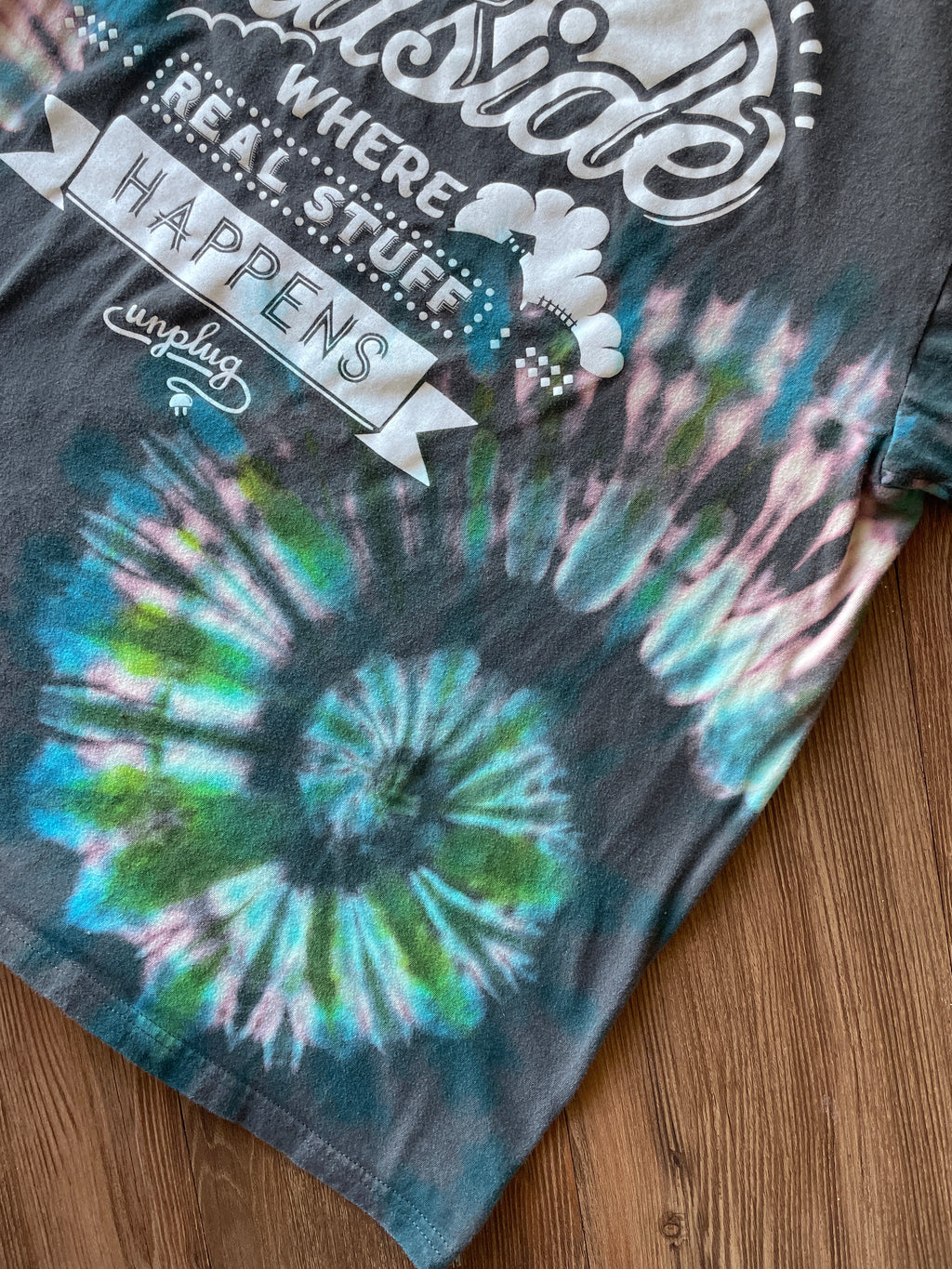 LARGE Men’s Go Outside Handmade Tie Dye T-Shirt | One-Of-a-Kind Gray, Blue, and Green Short Sleeve