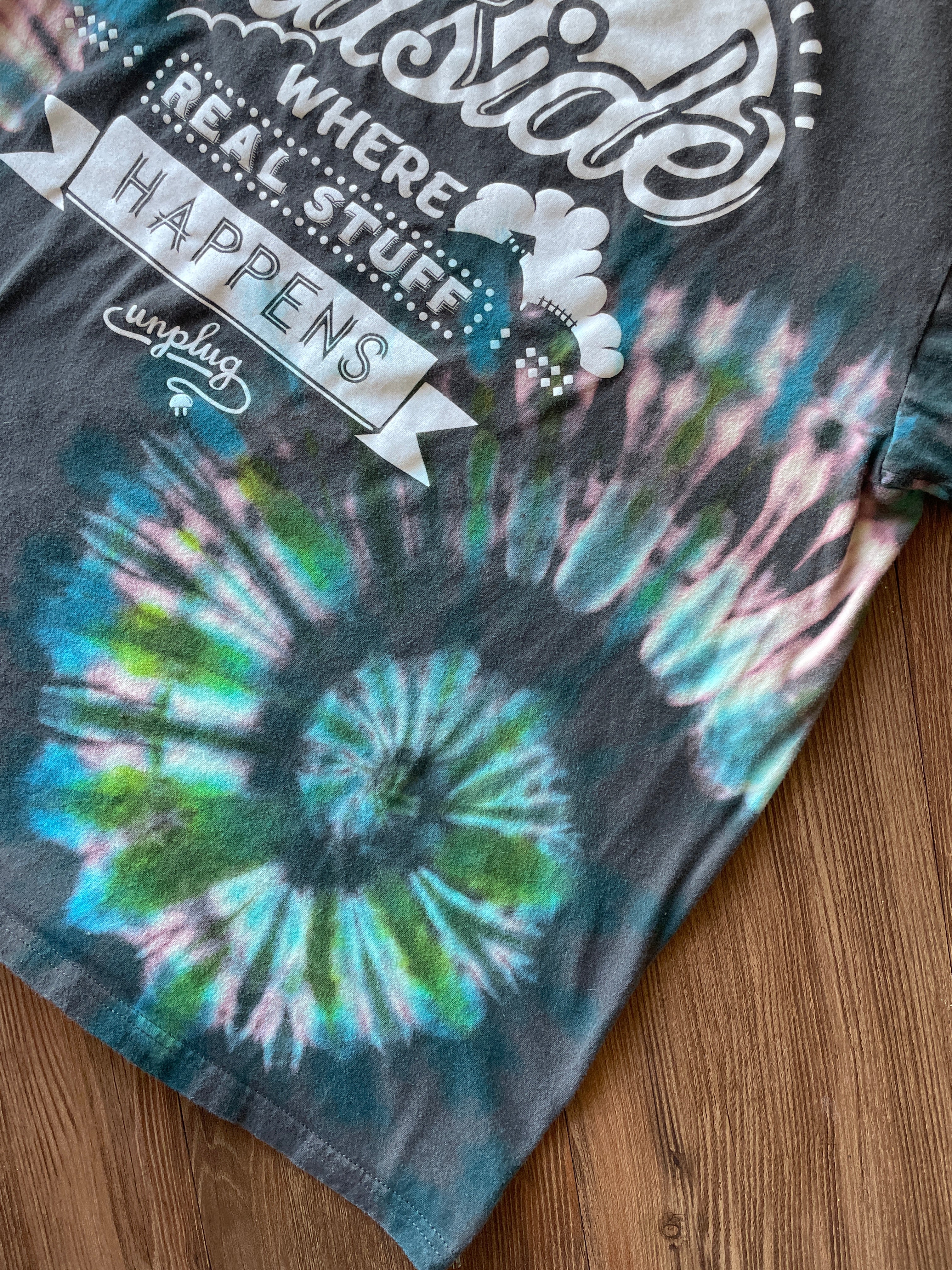LARGE Men’s Go Outside Handmade Tie Dye T-Shirt | One-Of-a-Kind Gray, Blue, and Green Short Sleeve