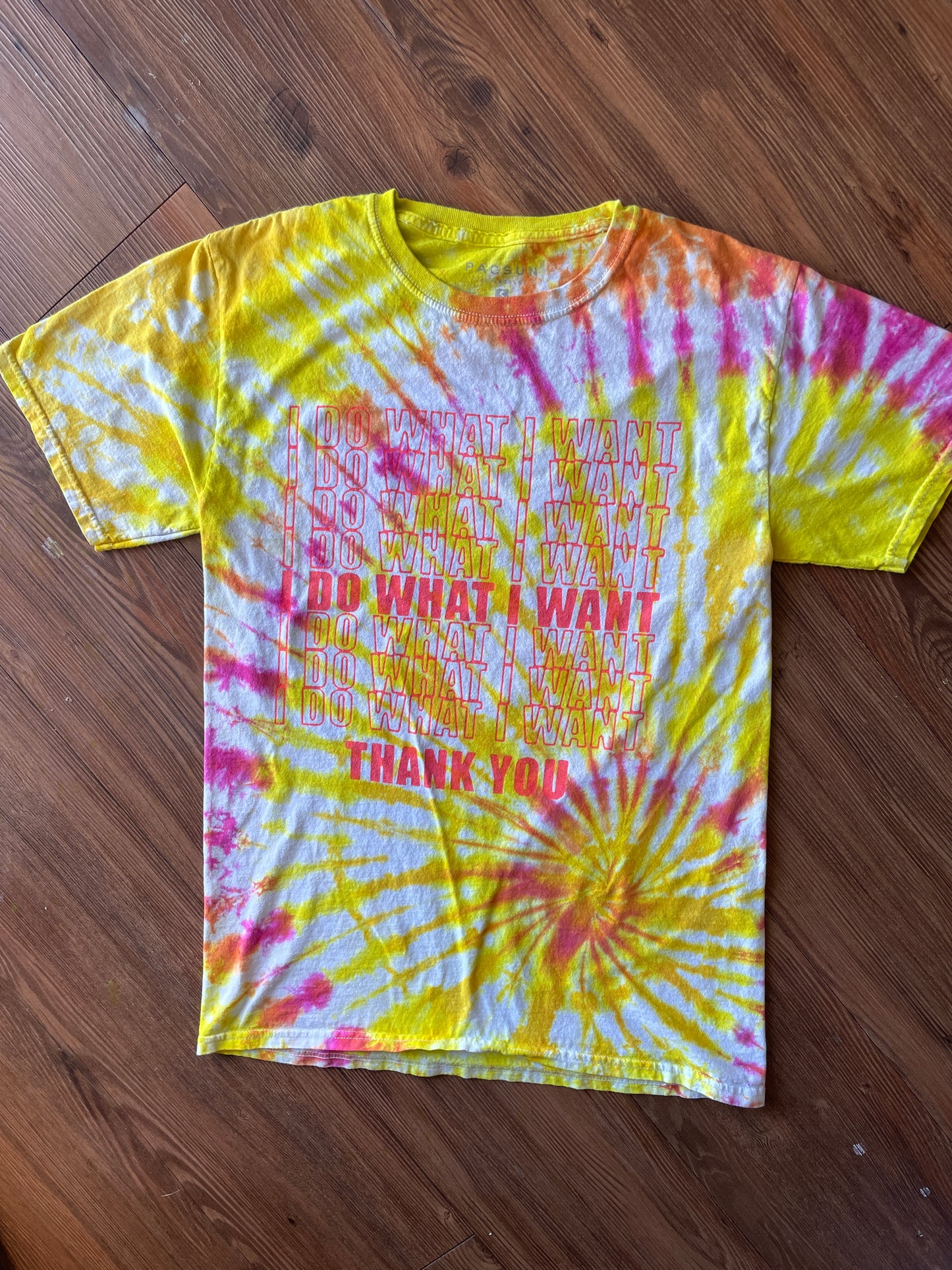 SMALL Men’s I Do What I Want Handmade Tie Dye T-Shirt | One-Of-a-Kind Pink and Orange Spiral Short Sleeve