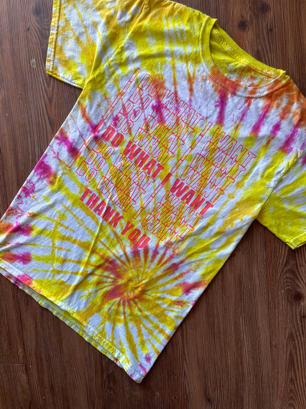 SMALL Men’s I Do What I Want Handmade Tie Dye T-Shirt | One-Of-a-Kind Pink and Orange Spiral Short Sleeve