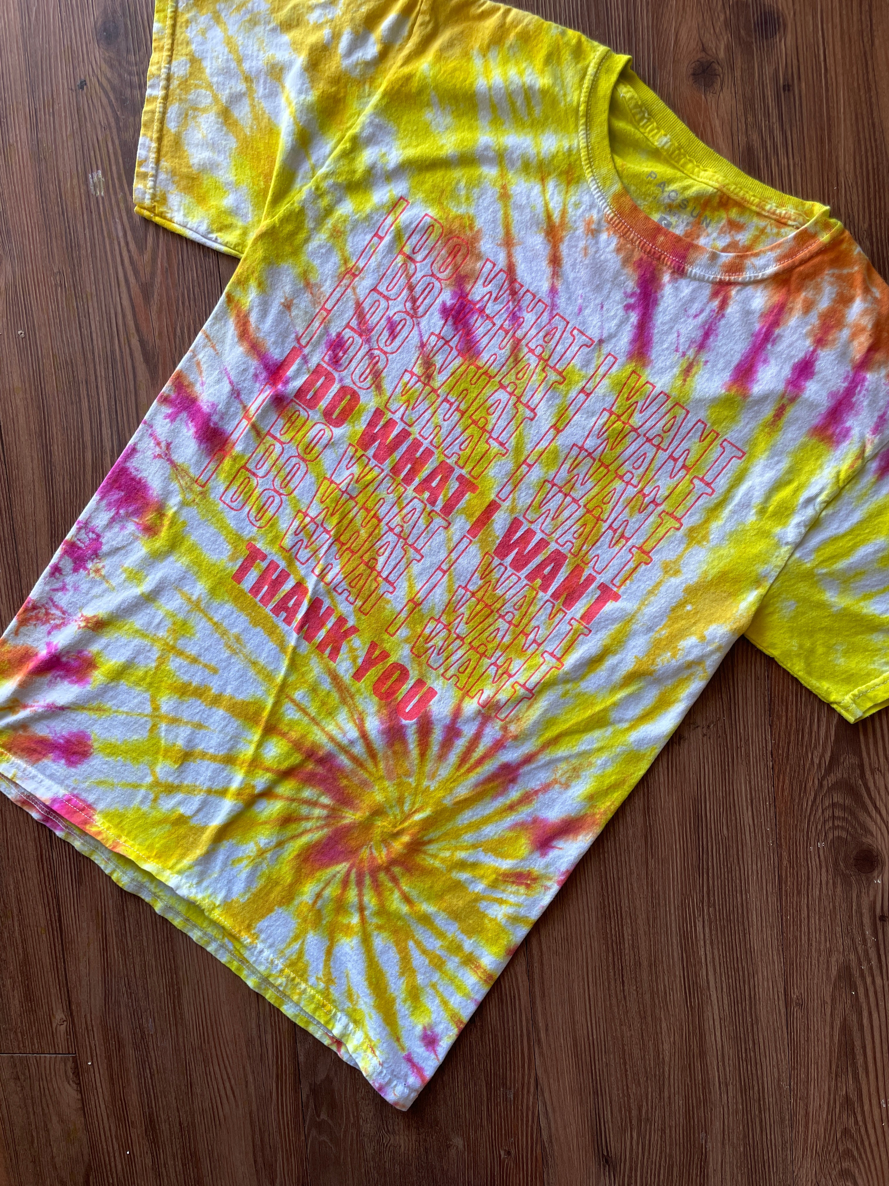 SMALL Men’s I Do What I Want Handmade Tie Dye T-Shirt | One-Of-a-Kind Pink and Orange Spiral Short Sleeve