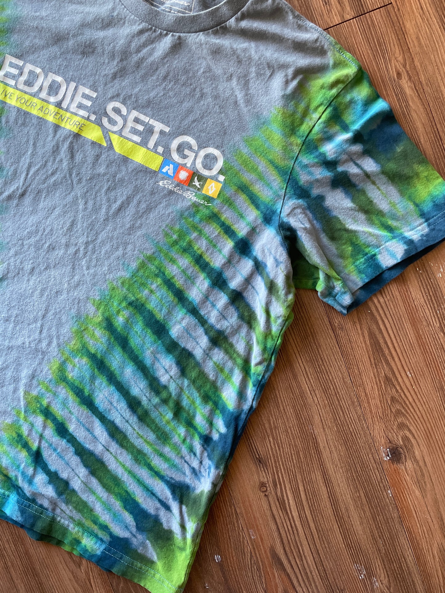 LARGE Men’s Eddie Bauer Handmade Tie Dye T-Shirt | One-Of-a-Kind Gray, Blue, and Green Short Sleeve