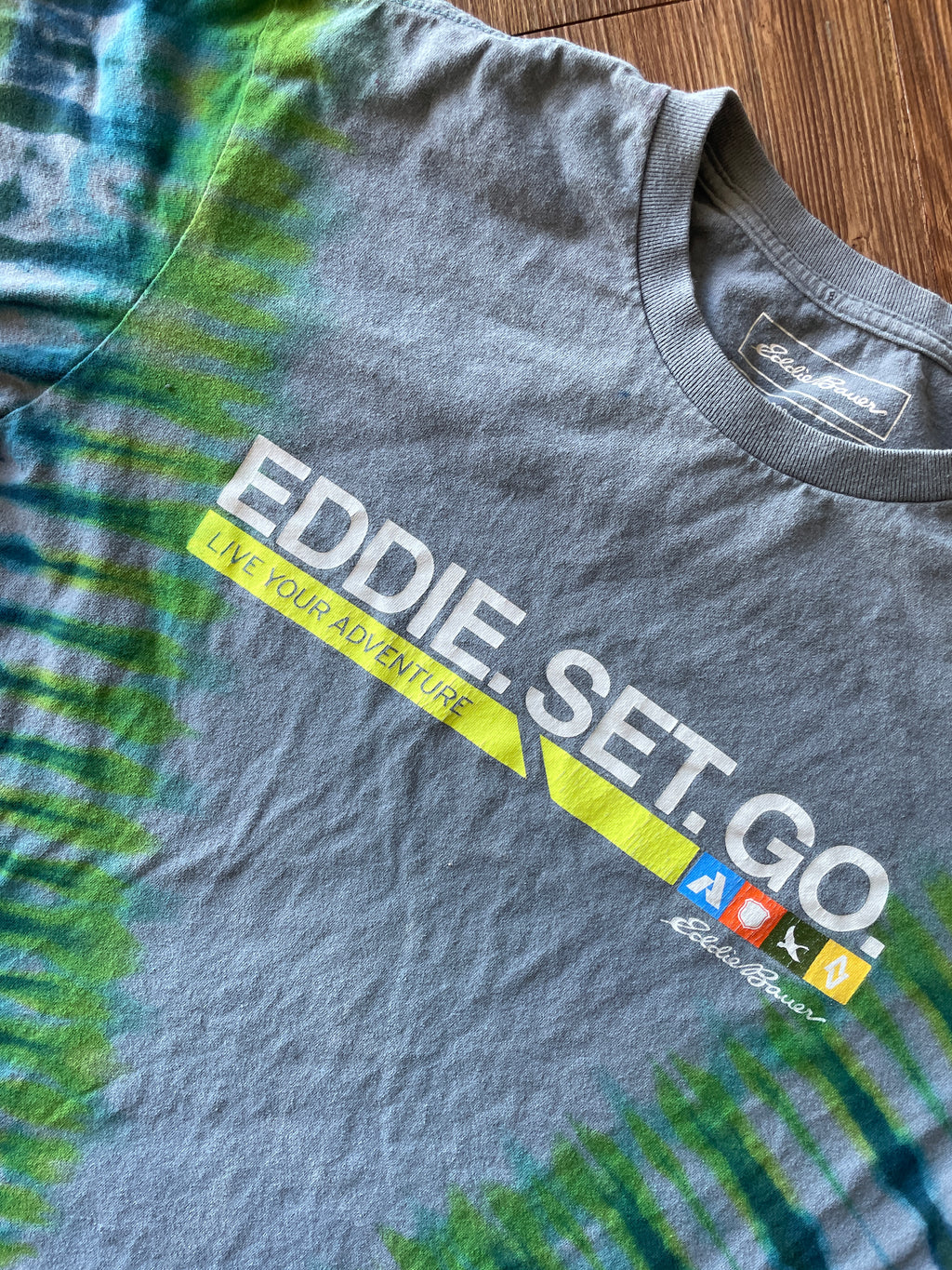 LARGE Men’s Eddie Bauer Handmade Tie Dye T-Shirt | One-Of-a-Kind Gray, Blue, and Green Short Sleeve