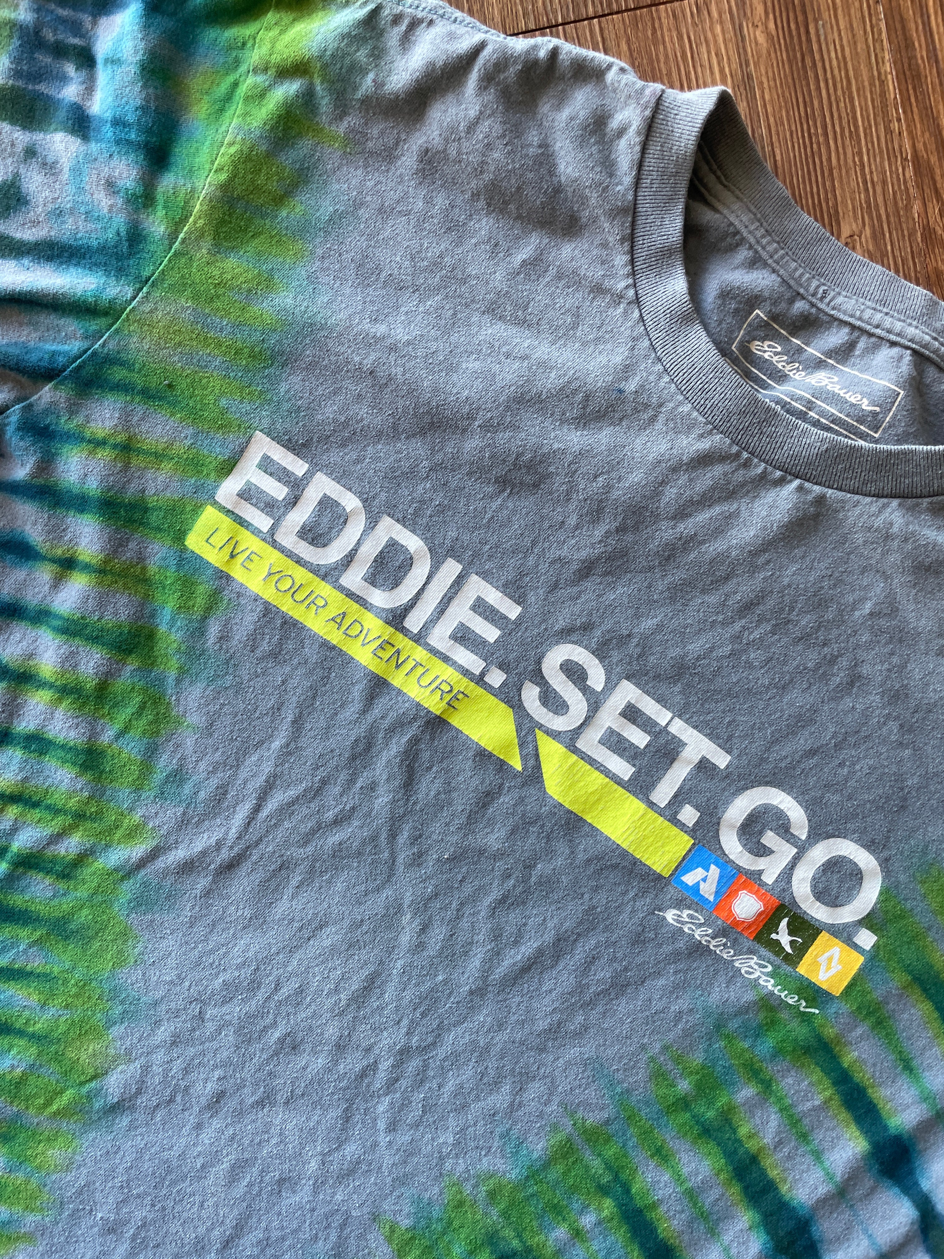 LARGE Men’s Eddie Bauer Handmade Tie Dye T-Shirt | One-Of-a-Kind Gray, Blue, and Green Short Sleeve