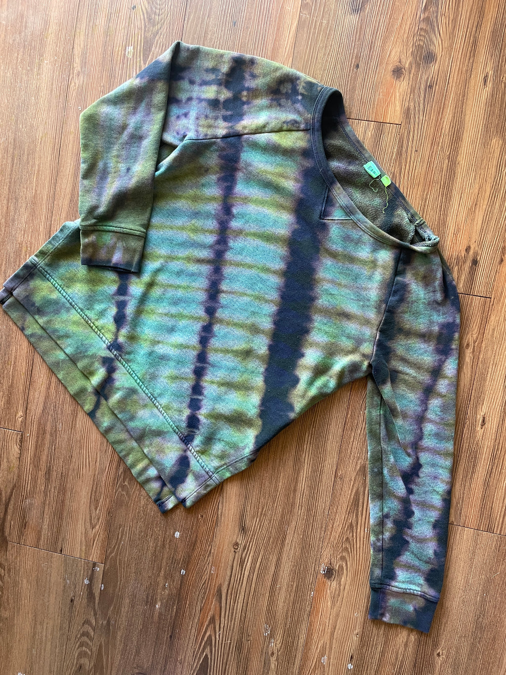 SMALL Women's Handmade Tie Dye Gap Side Slit Sweatshirt | One-Of-a-Kind Navy Blue and Green Long Sleeve