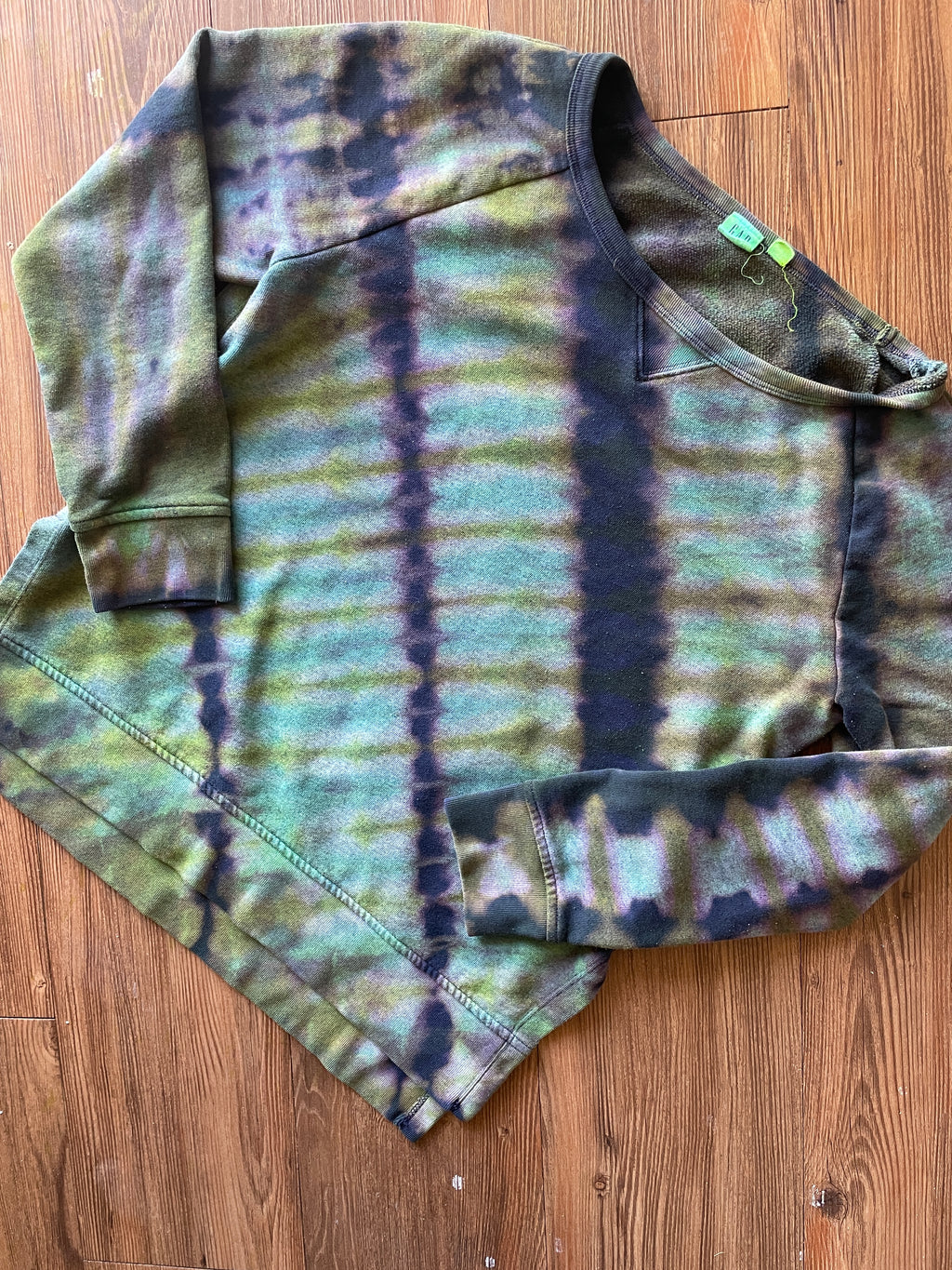 SMALL Women's Handmade Tie Dye Gap Side Slit Sweatshirt | One-Of-a-Kind Navy Blue and Green Long Sleeve