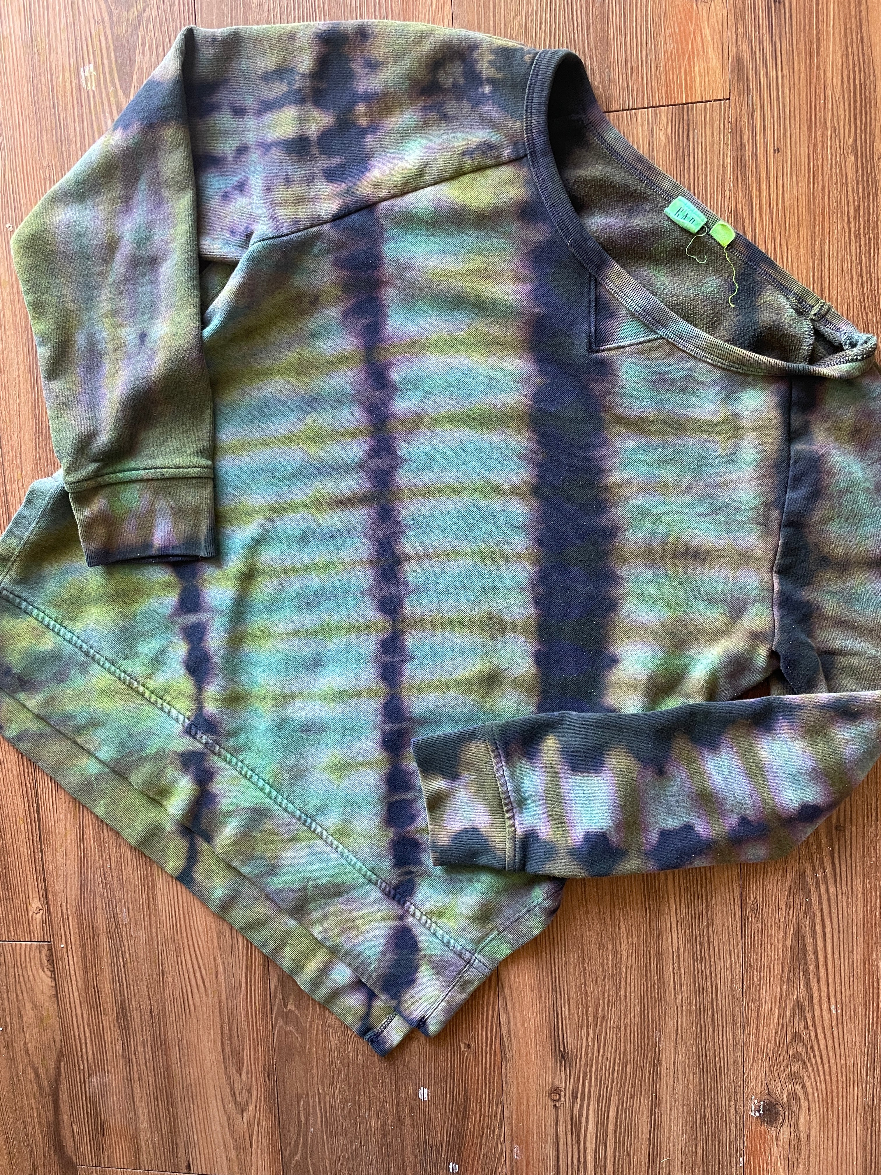 SMALL Women's Handmade Tie Dye Gap Side Slit Sweatshirt | One-Of-a-Kind Navy Blue and Green Long Sleeve