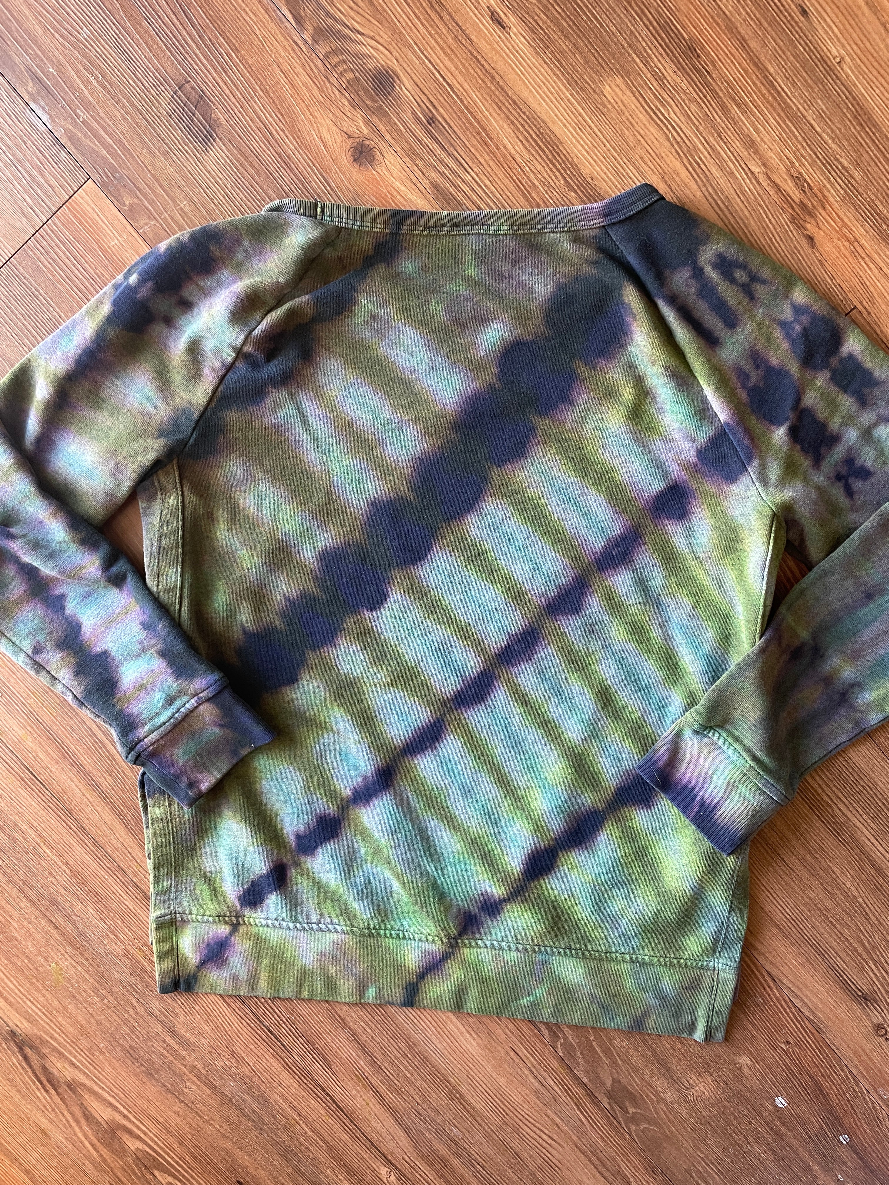 SMALL Women's Handmade Tie Dye Gap Side Slit Sweatshirt | One-Of-a-Kind Navy Blue and Green Long Sleeve