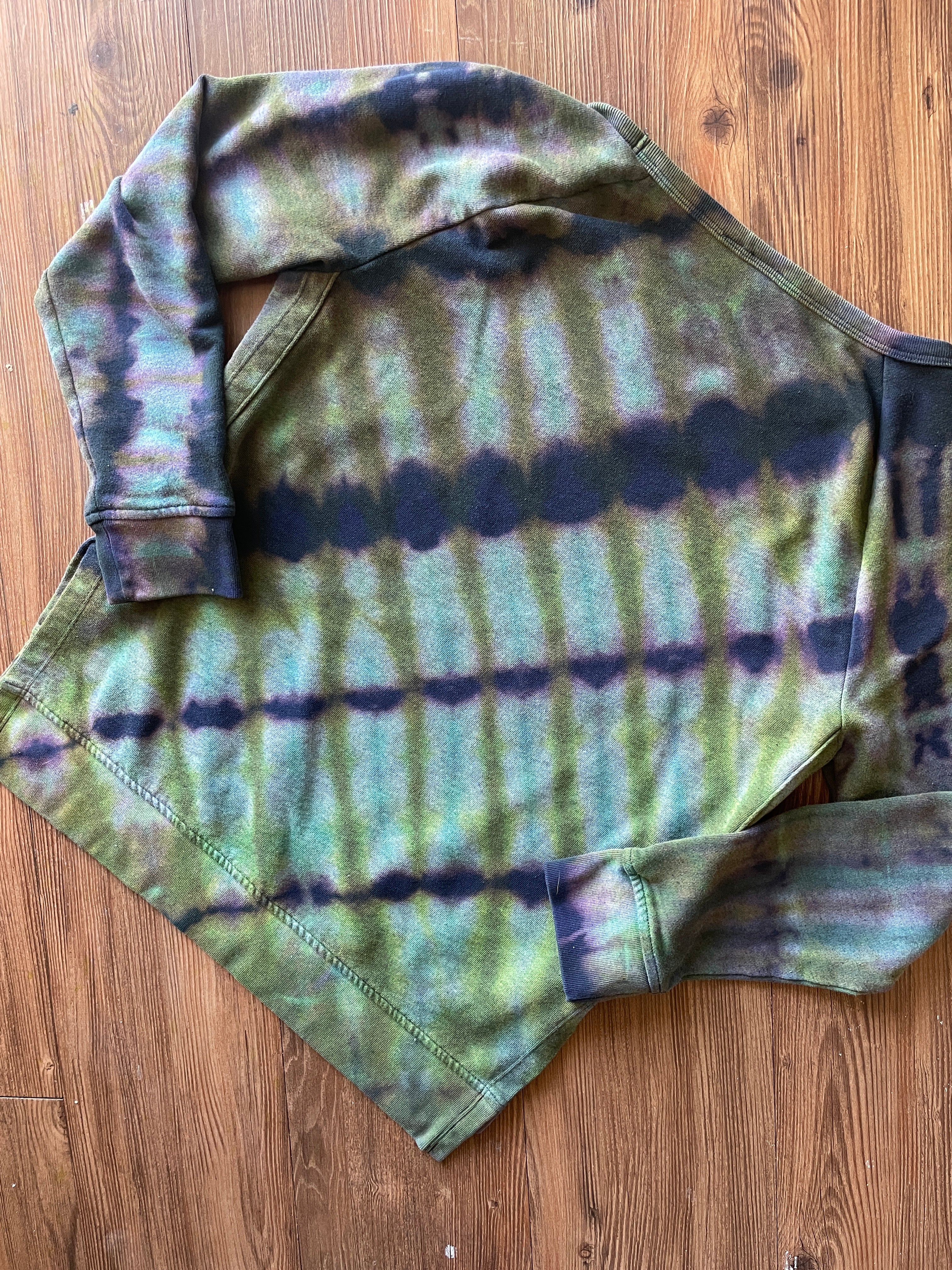 SMALL Women's Handmade Tie Dye Gap Side Slit Sweatshirt | One-Of-a-Kind Navy Blue and Green Long Sleeve